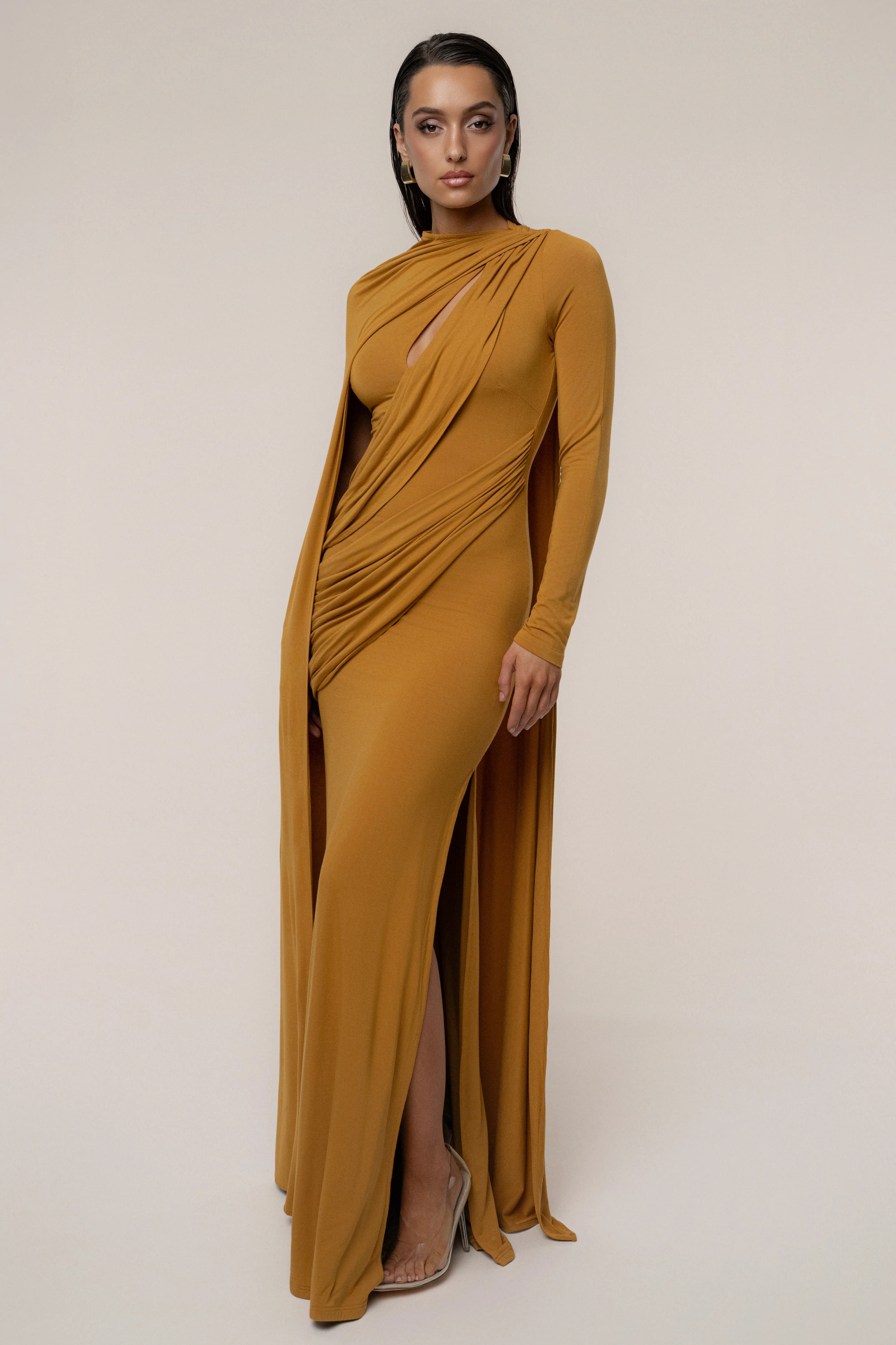 Gold Draped Elegance Cape Dress - Image 4