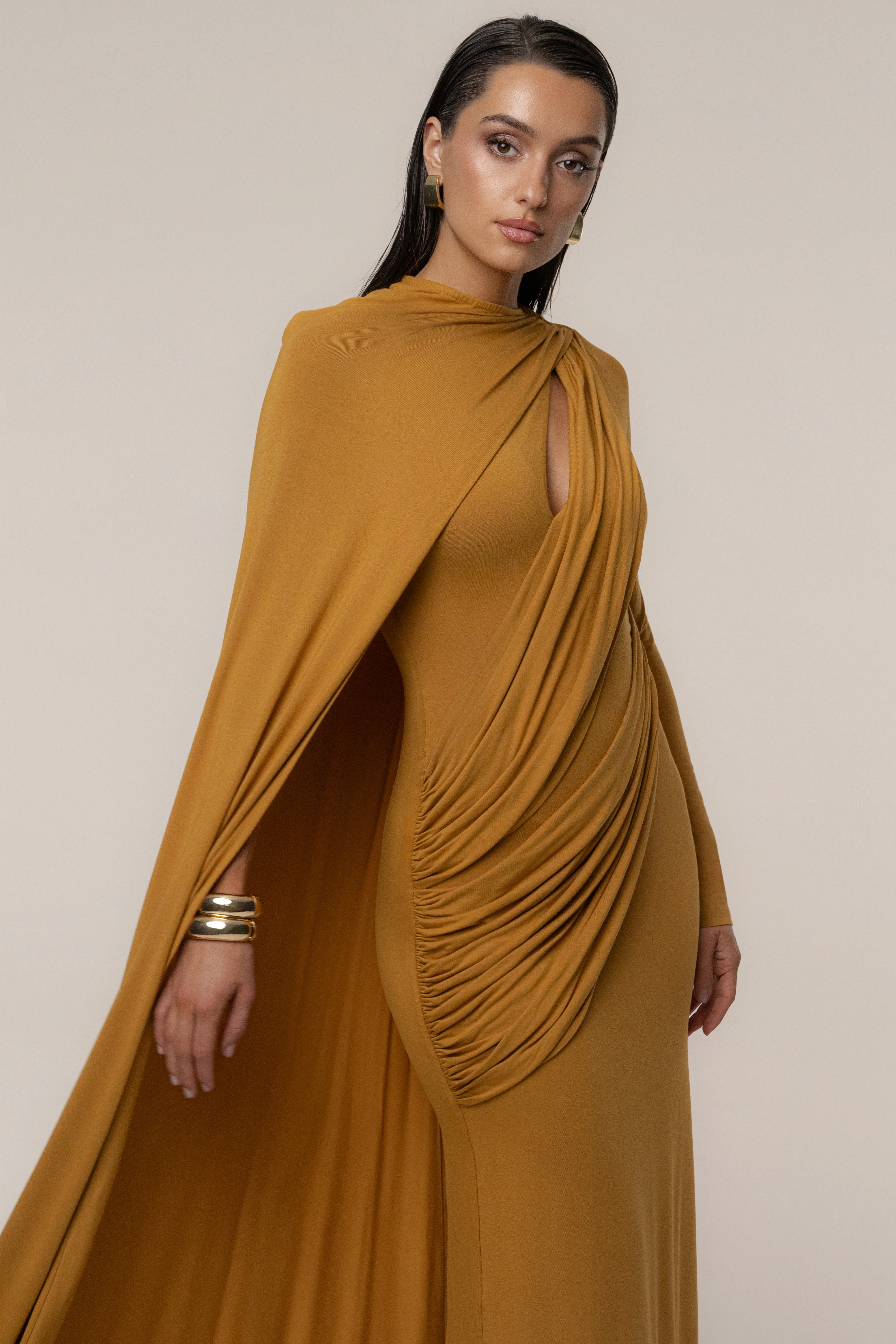 Gold Draped Elegance Cape Dress - Image 6