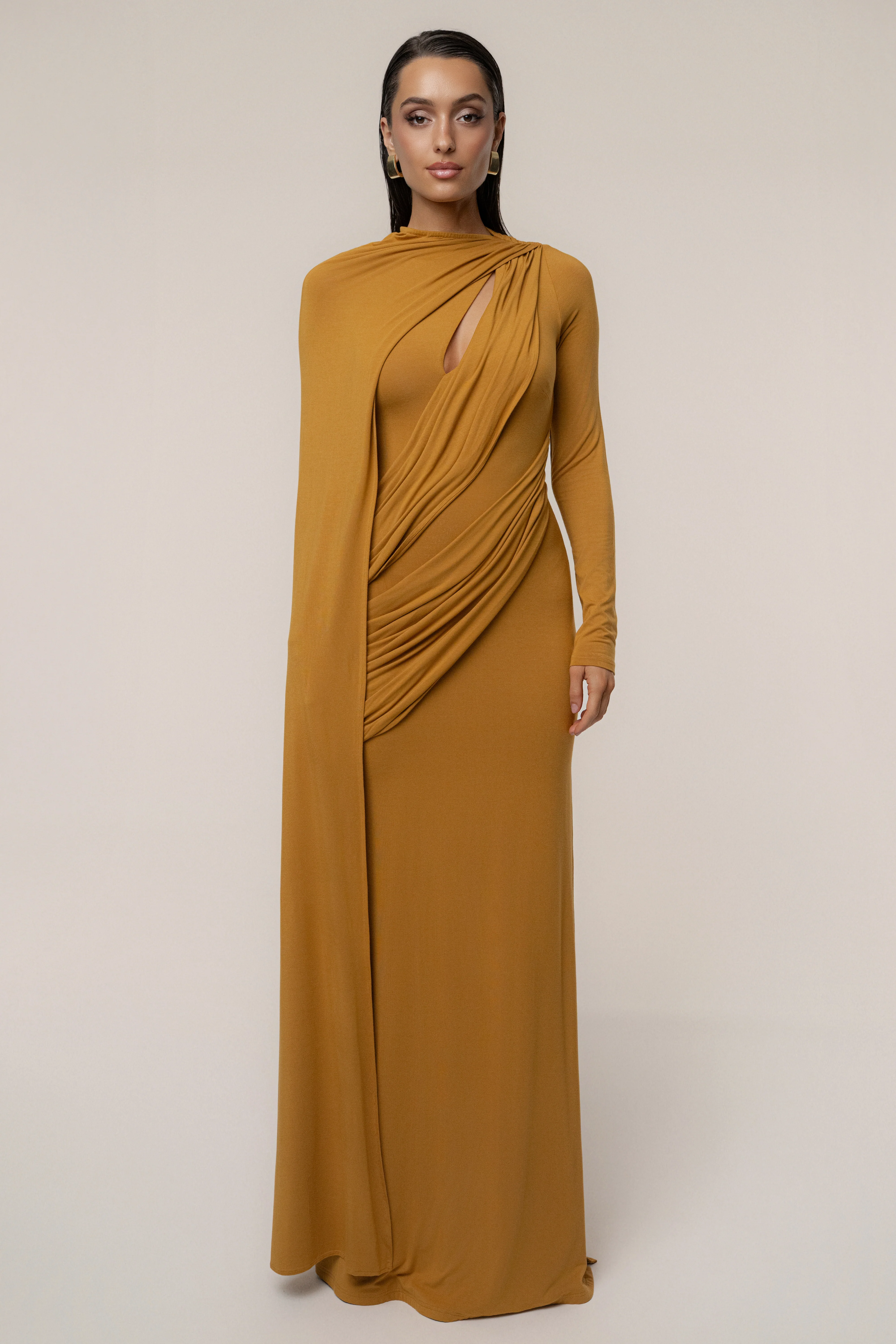 Gold Draped Elegance Cape Dress - Image 7