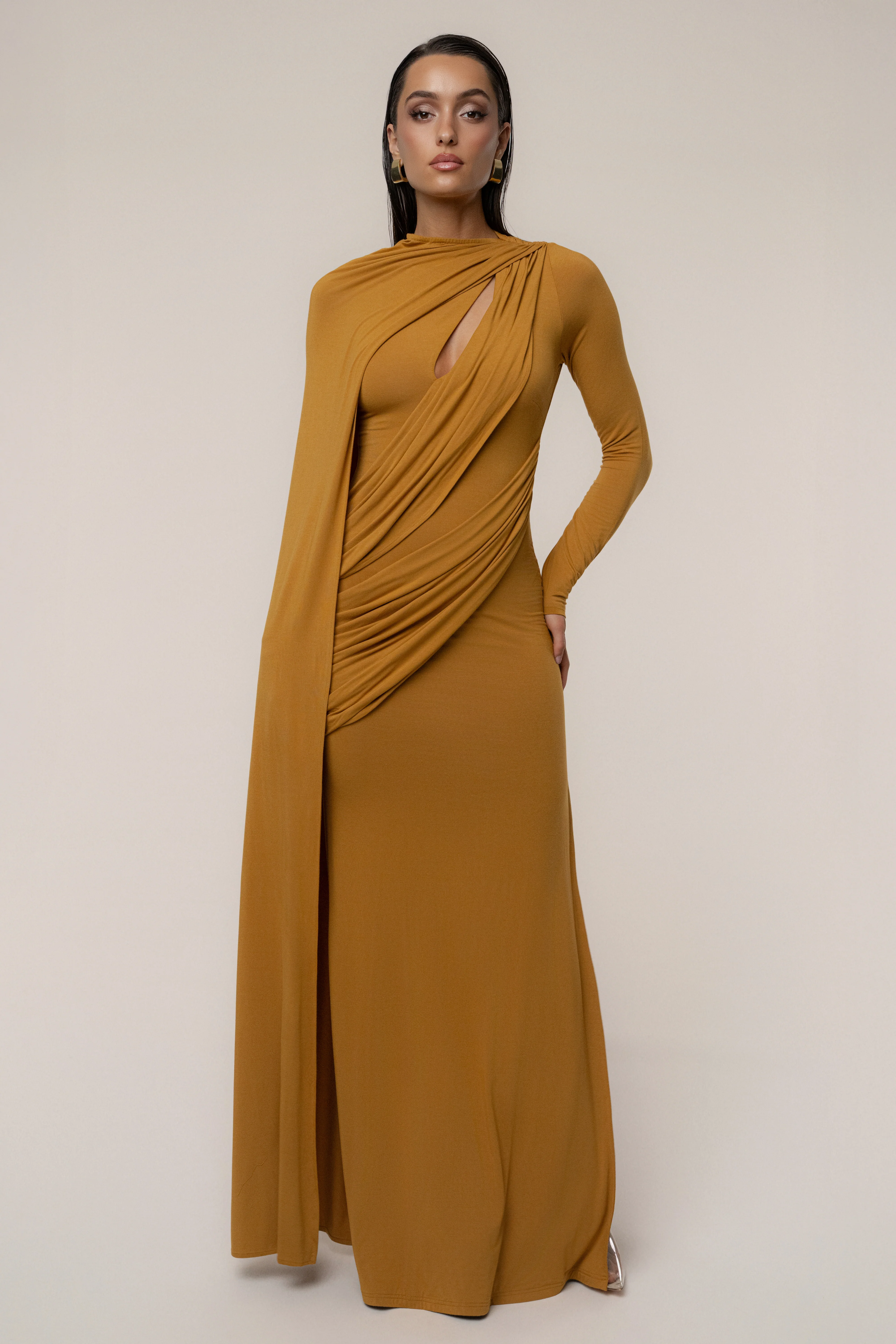 Gold Draped Elegance Cape Dress - Image 8