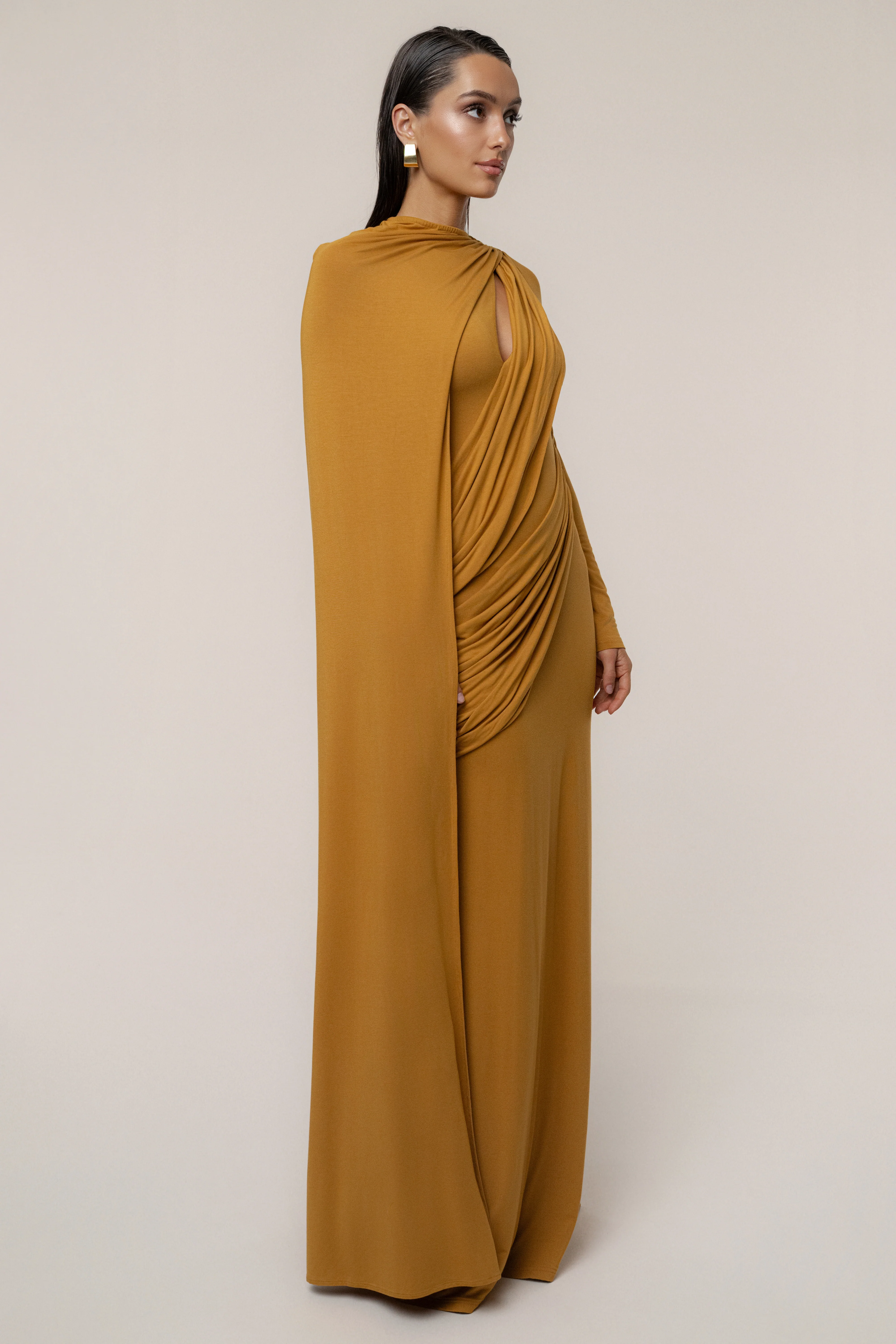 Gold Draped Elegance Cape Dress - Image 9
