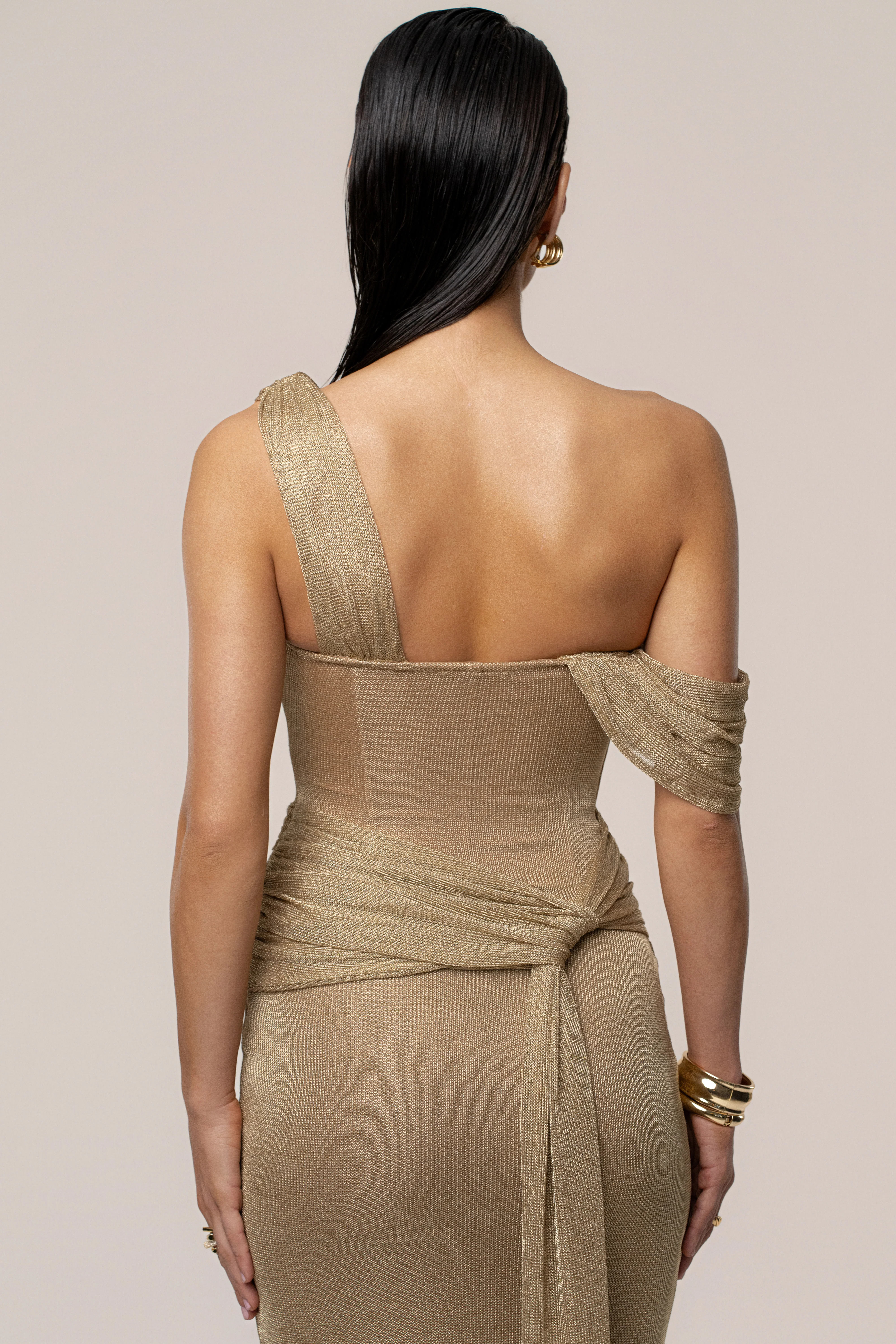 Gold Draped Metallic Maxi Dress - Image 11