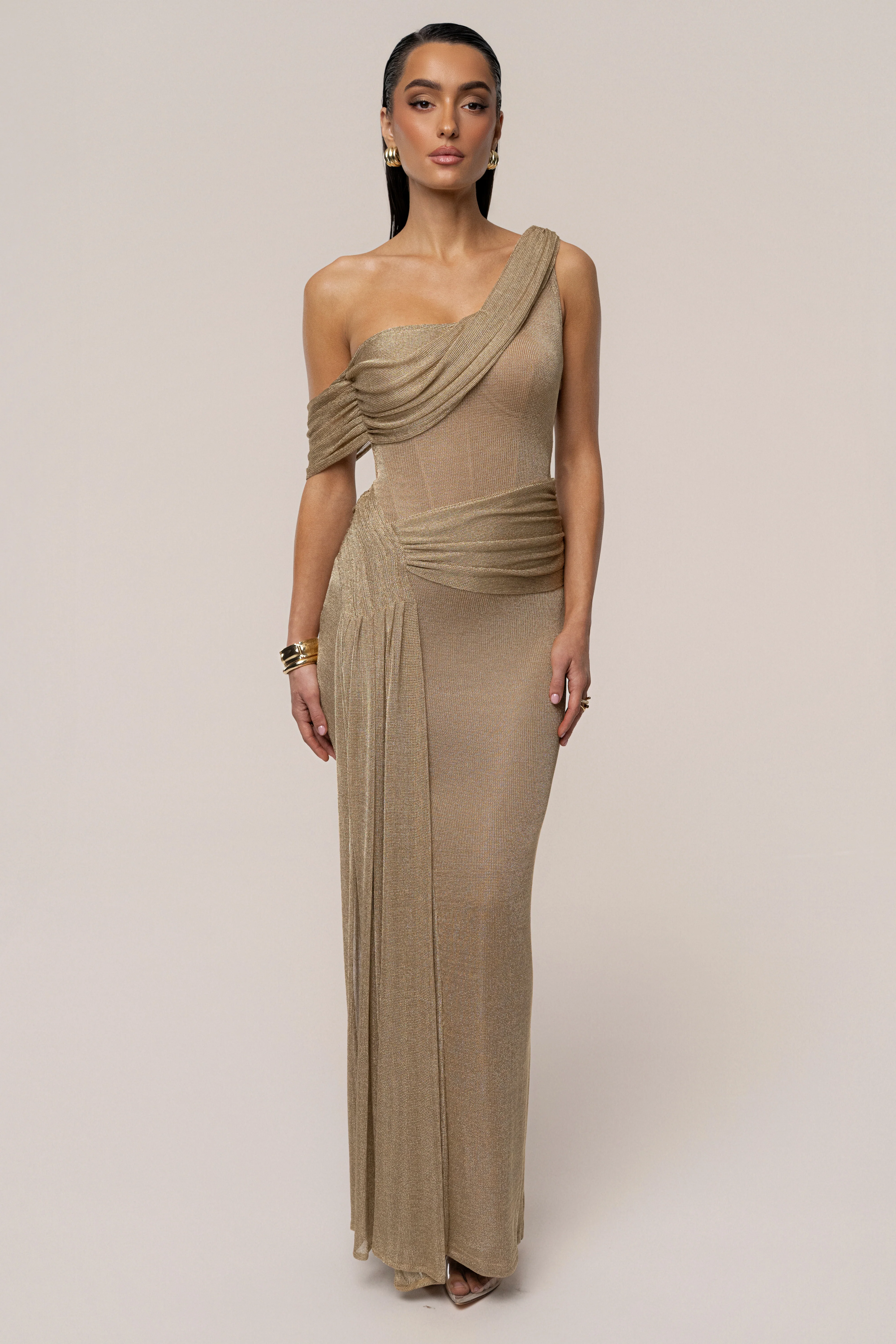 Gold Draped Metallic Maxi Dress - Image 7