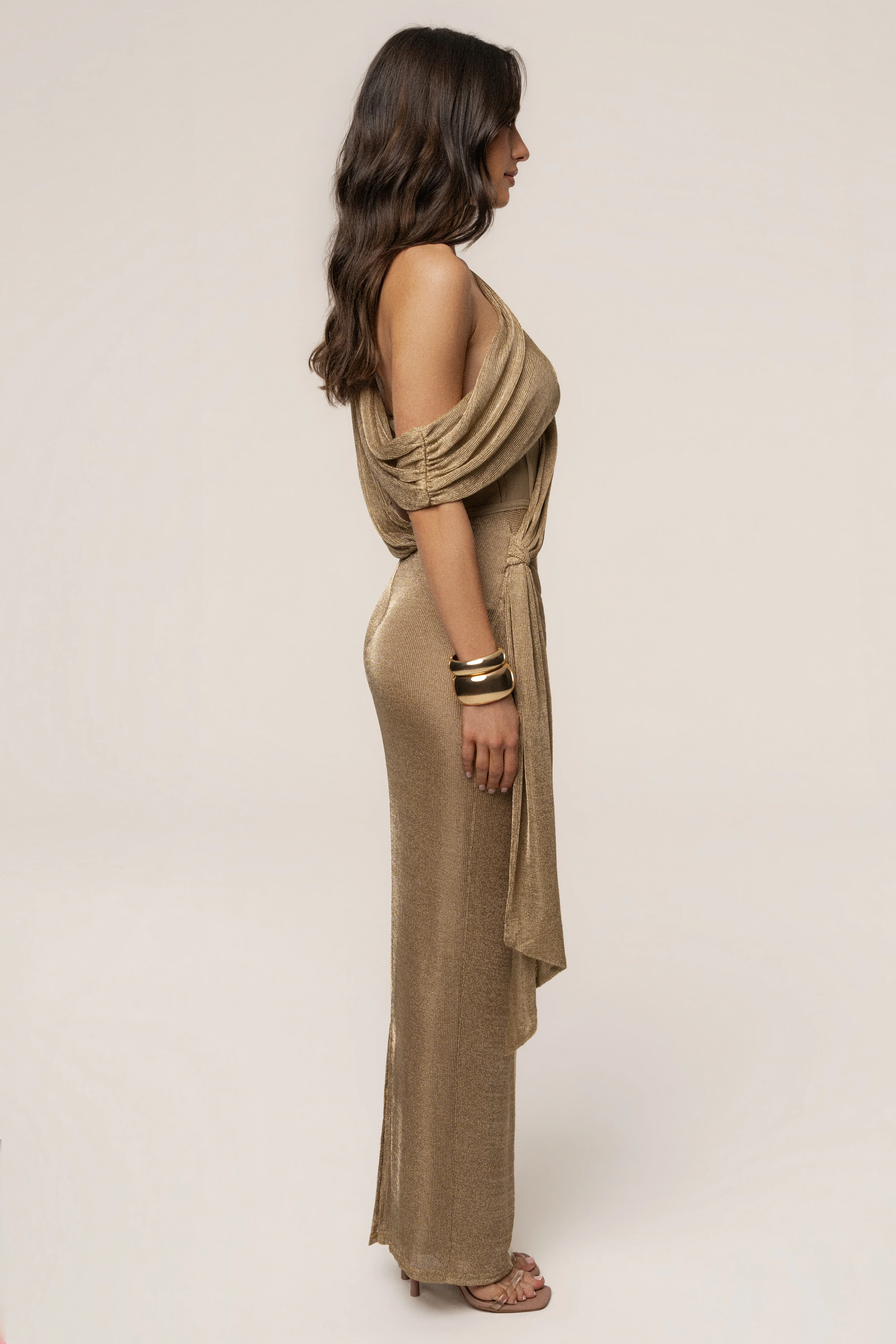 Gold Metallic Celestina Draped Maxi Dress - Image 10