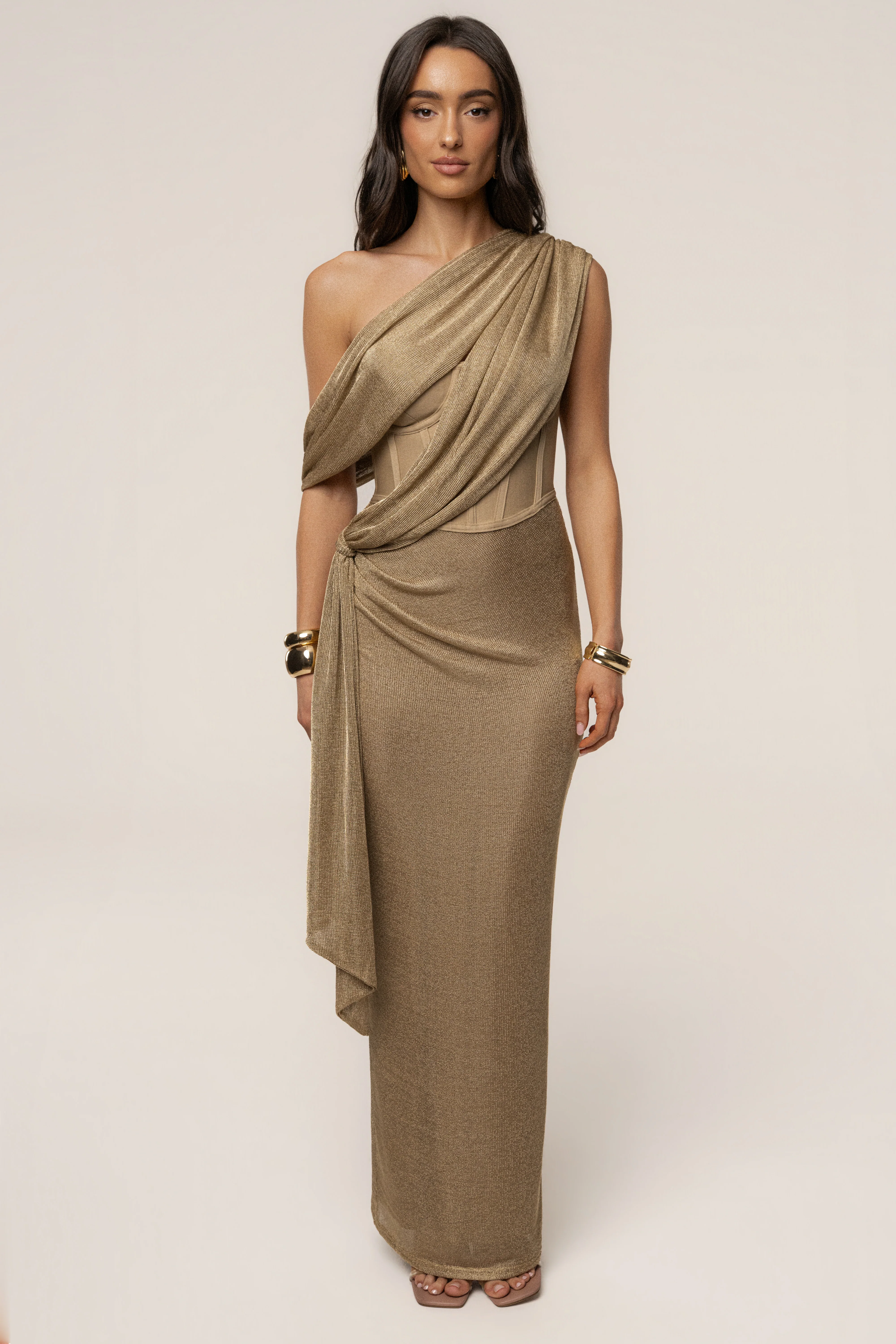 Gold Metallic Celestina Draped Maxi Dress - Image 3