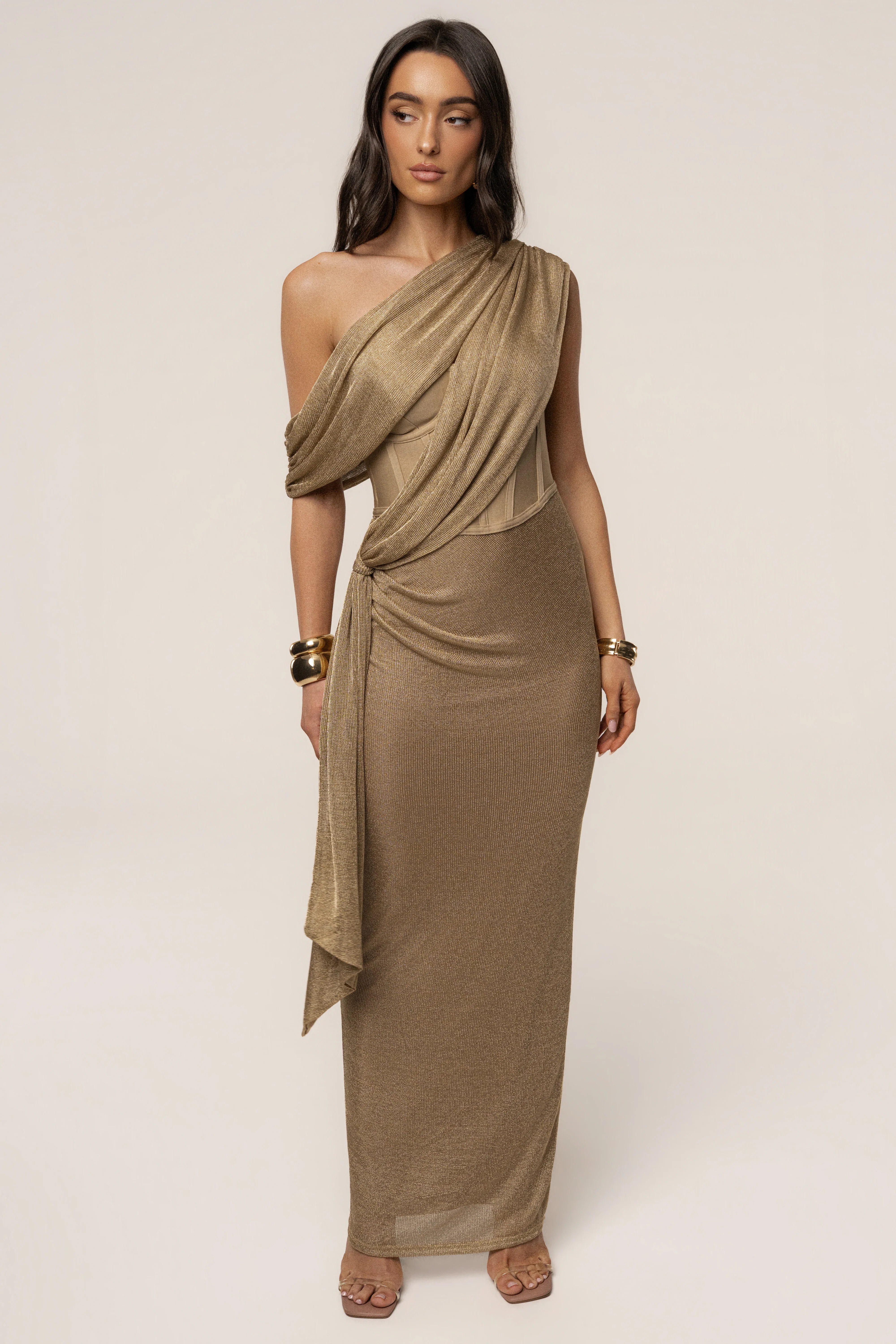Gold Metallic Celestina Draped Maxi Dress - Image 8