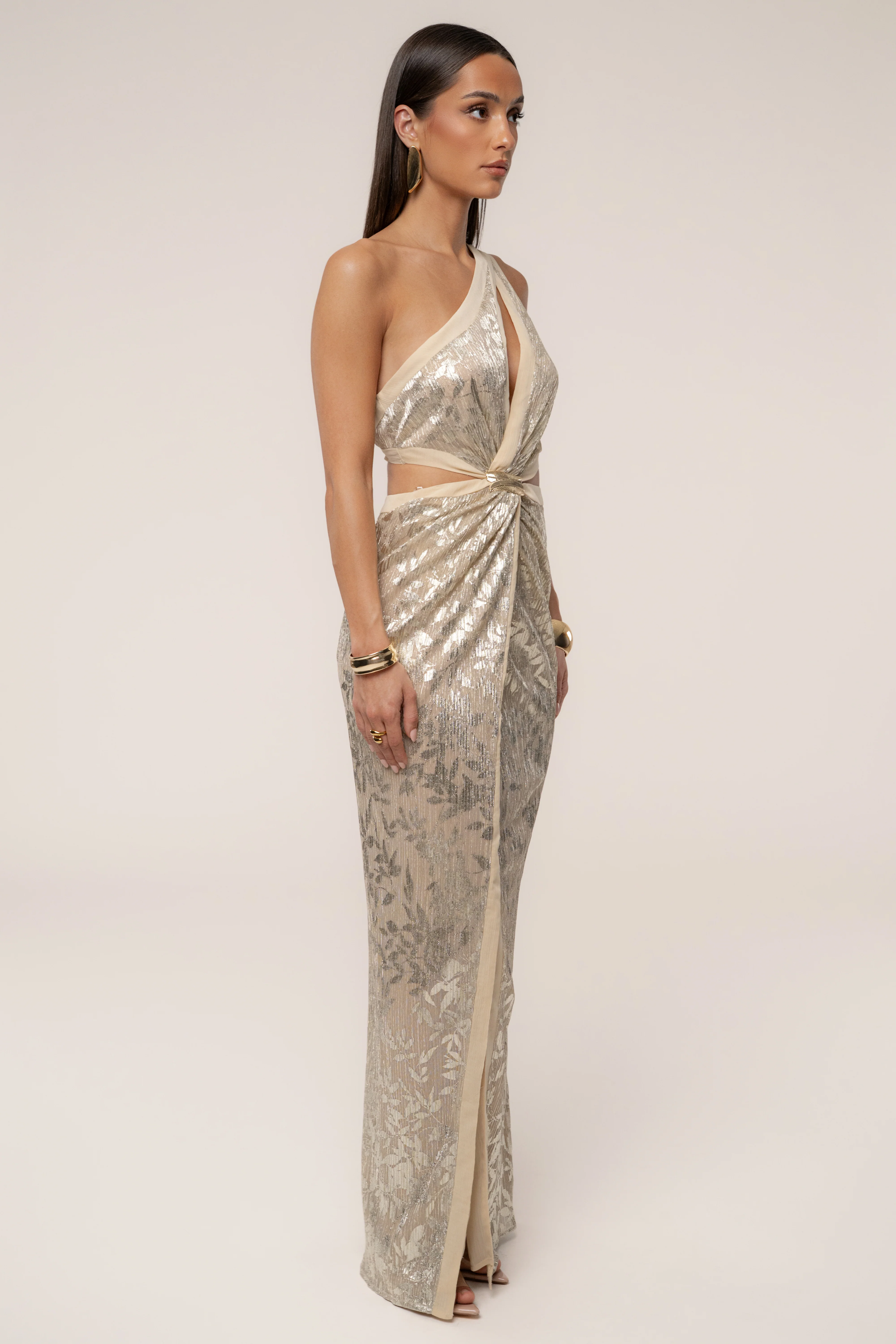 Gold One Shoulder Keyhole Dress - Image 8