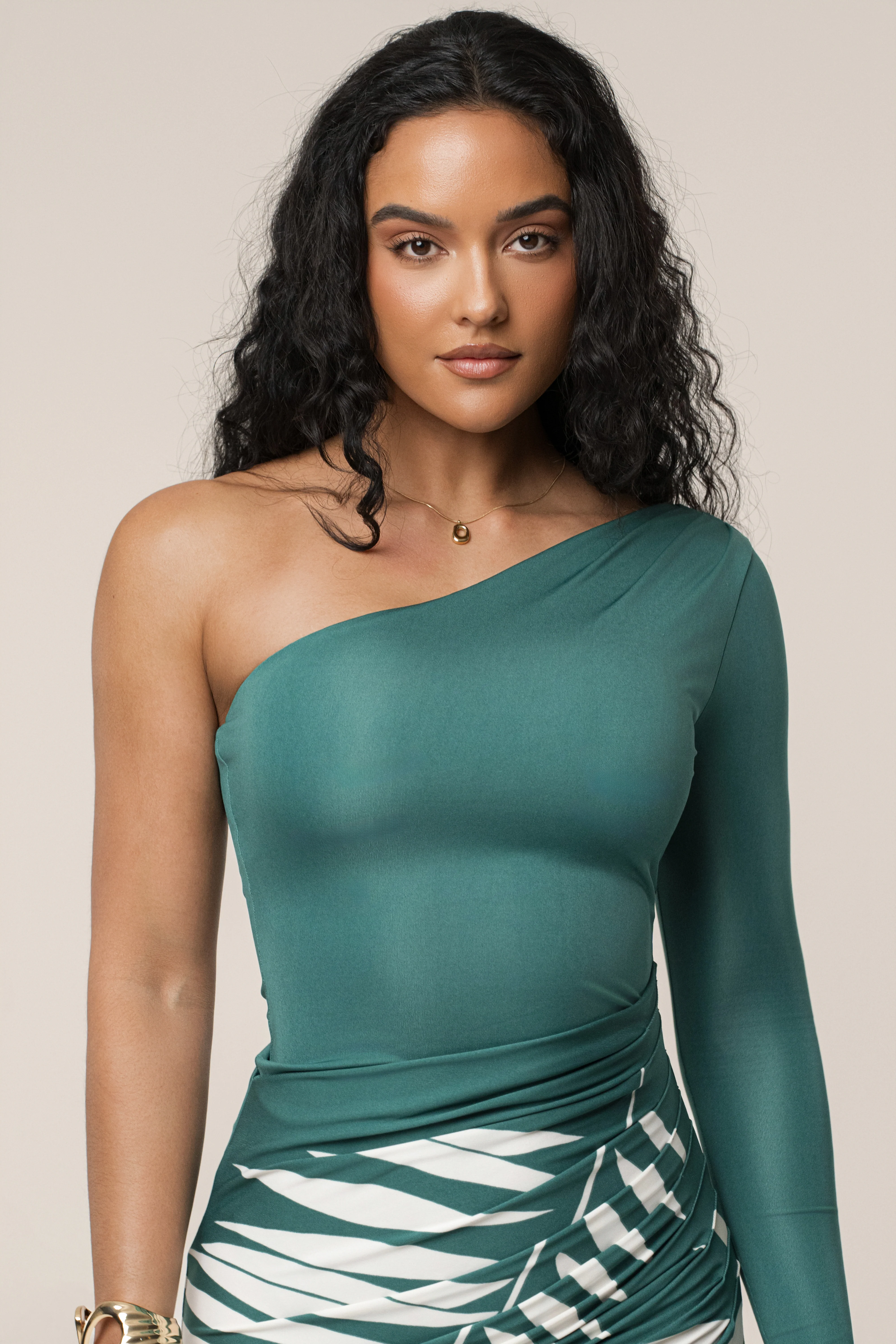 Green One Shoulder Palm Print Dress - Image 4