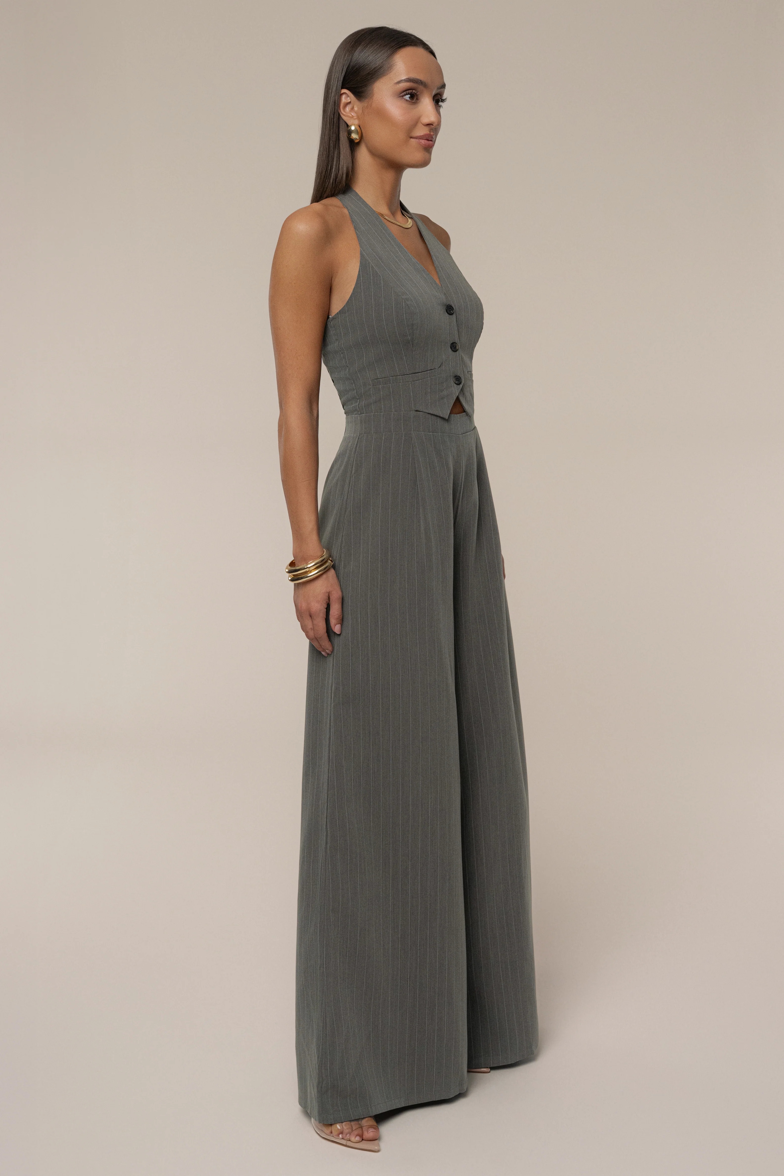 Grey Classic Pinstriped Jumpsuit - Image 3
