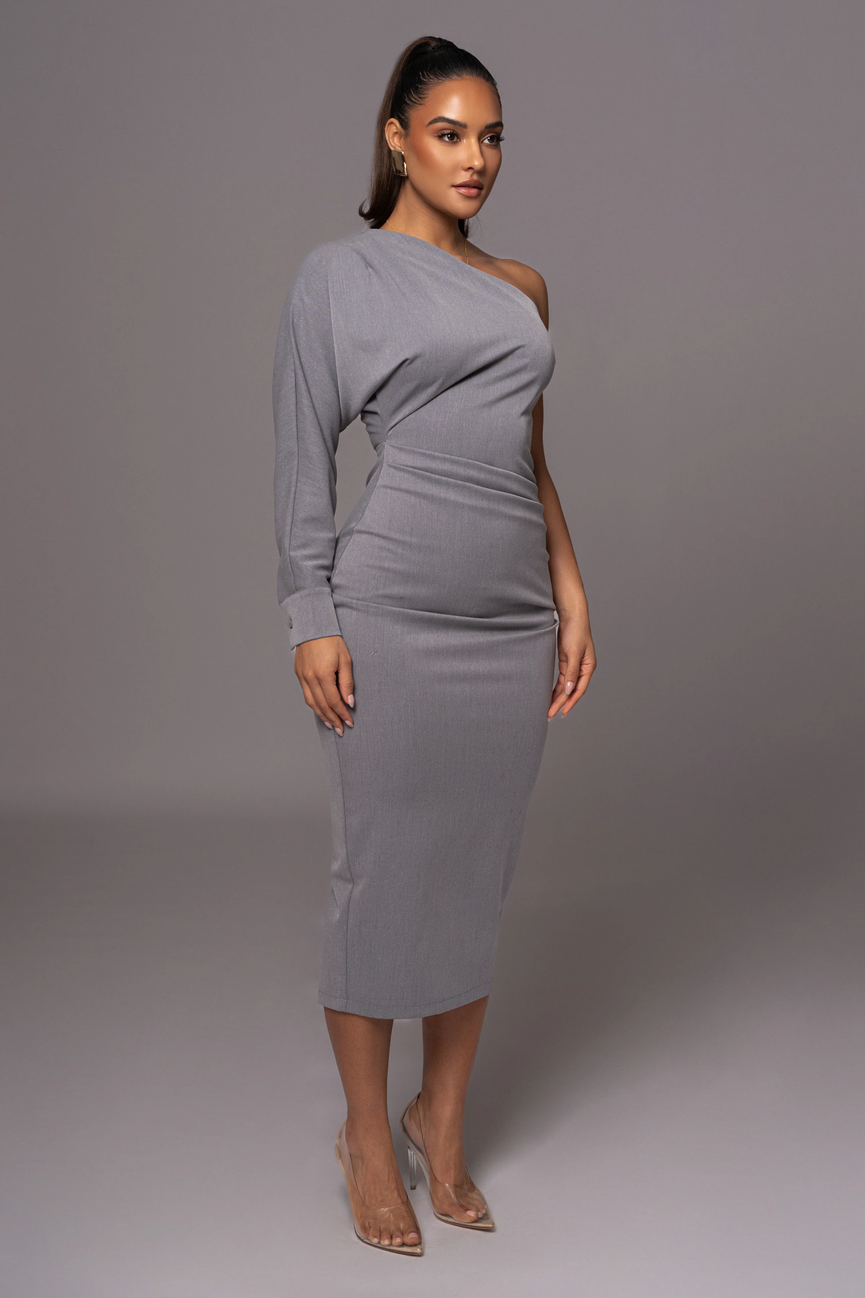 Grey Racheal One Shoulder Midi Dress - Image 6