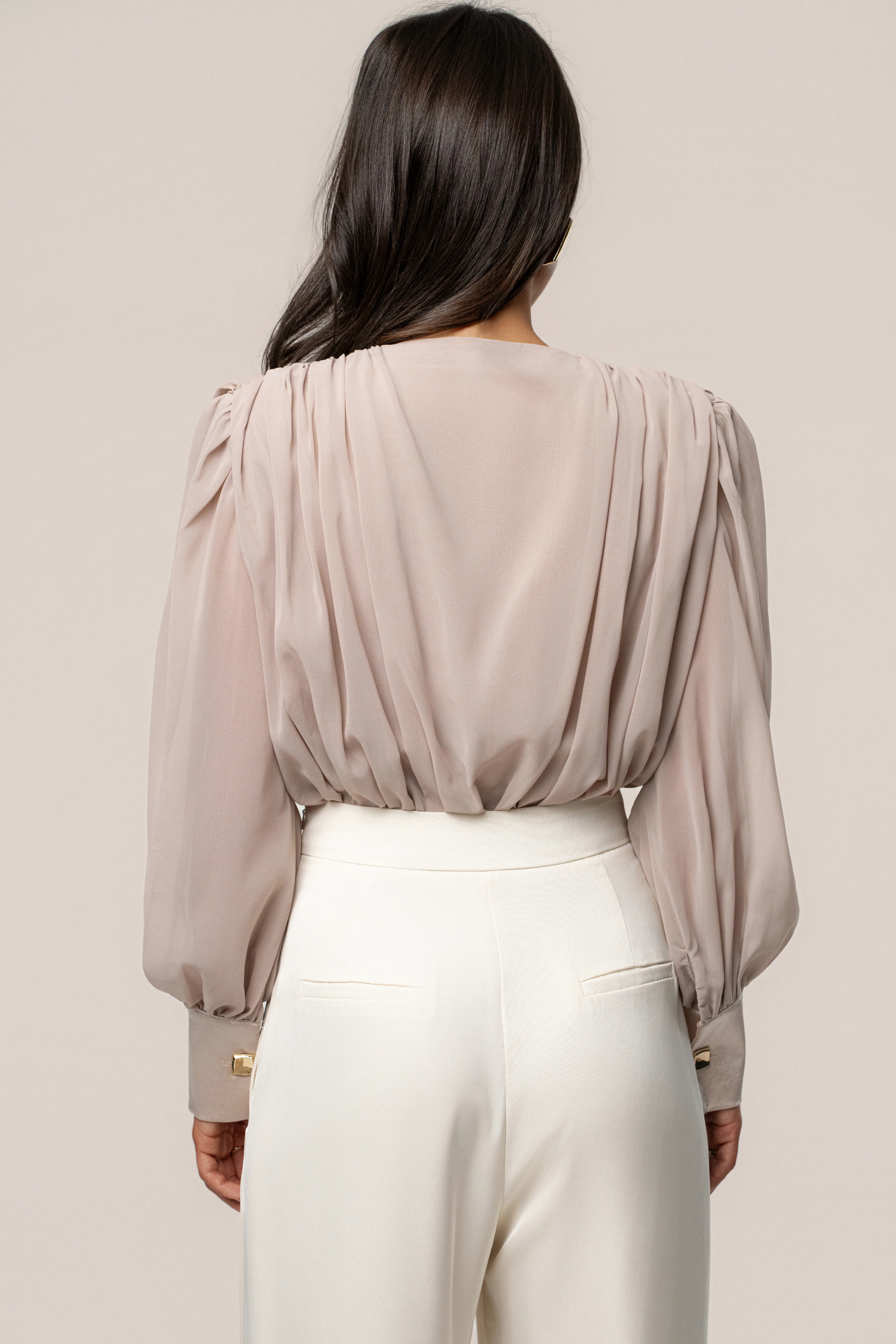 Beige Refined Pleated Chiffon Top - Image 14