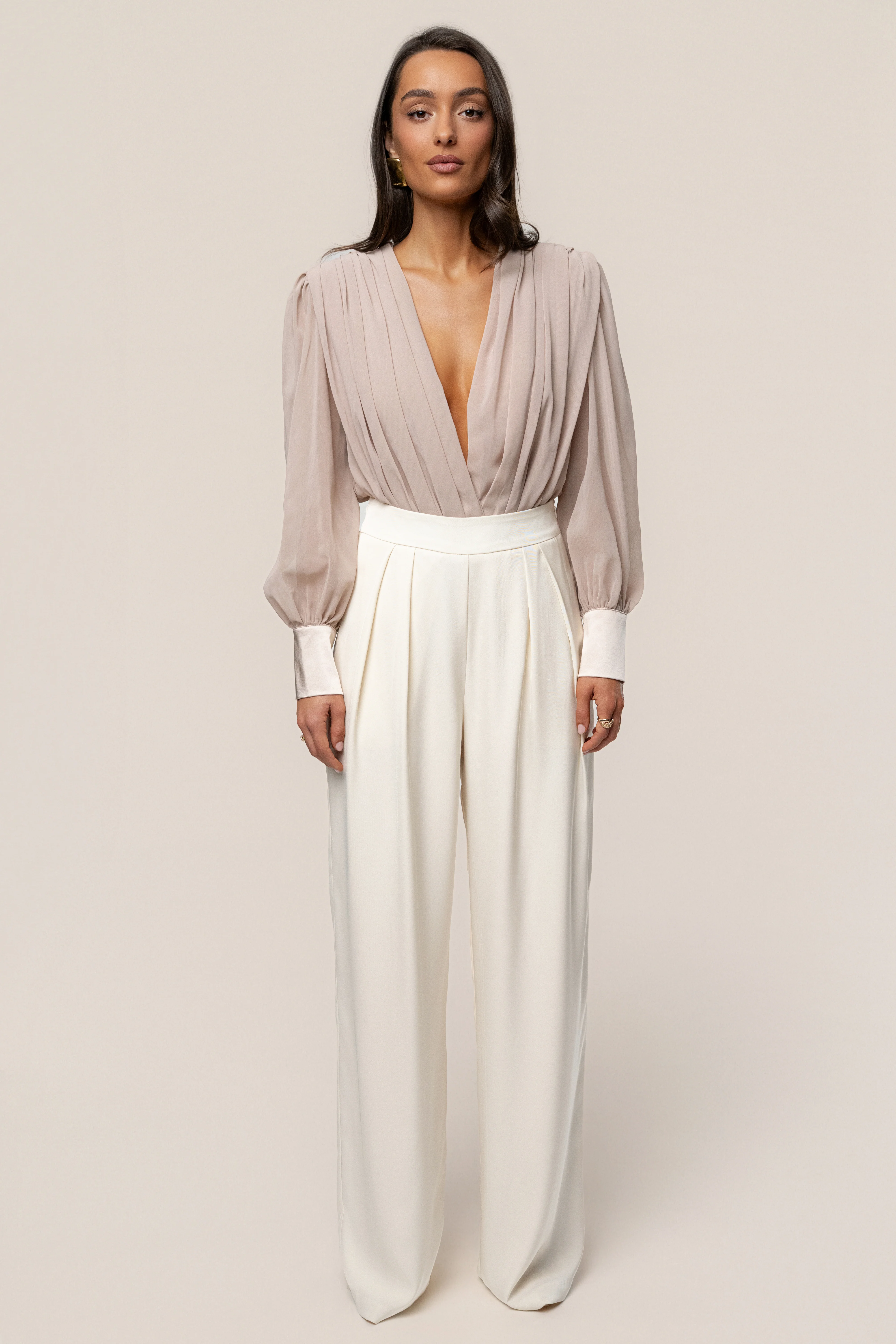 Beige Refined Pleated Chiffon Top - Image 3