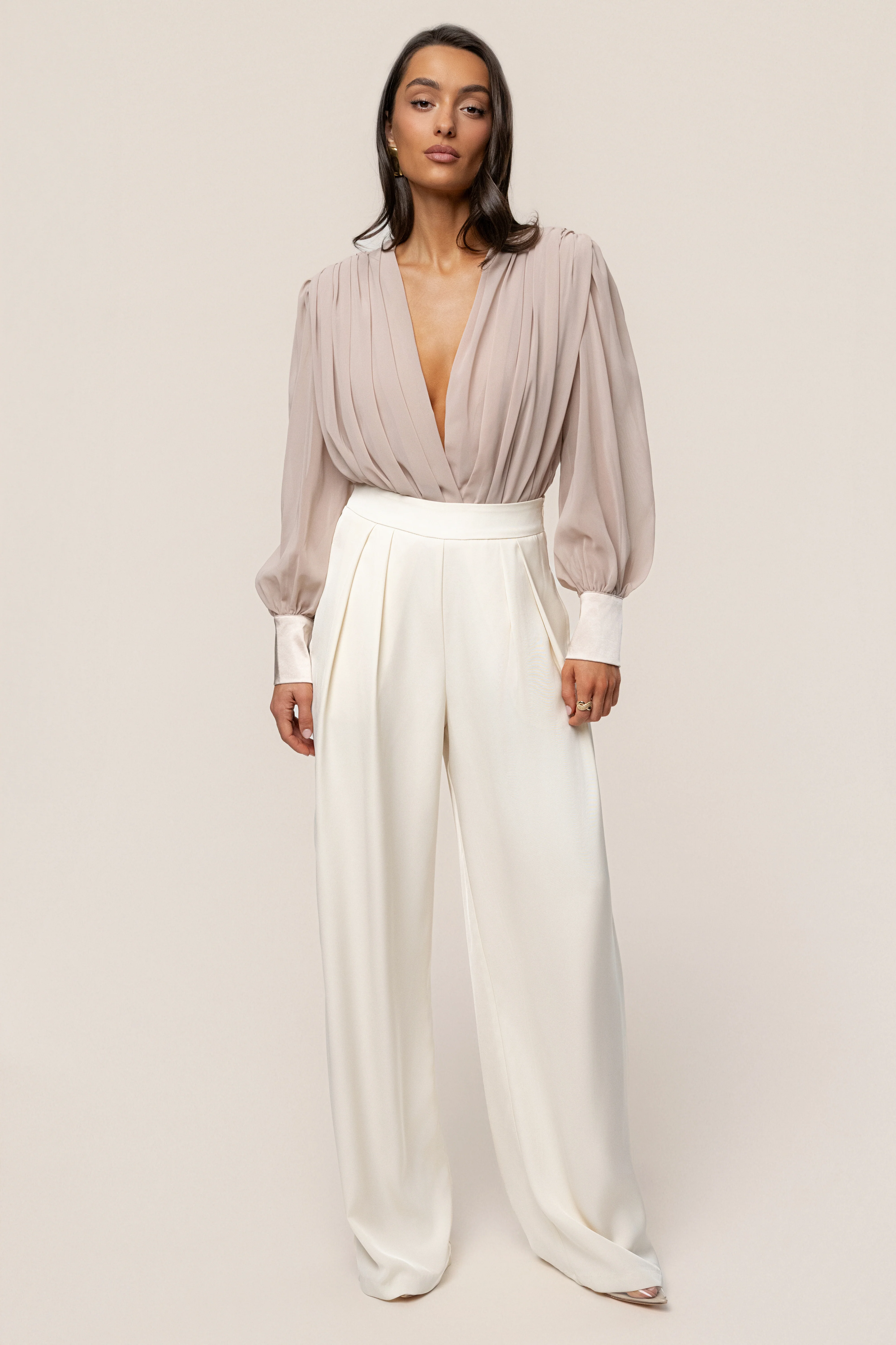 Beige Refined Pleated Chiffon Top - Image 4