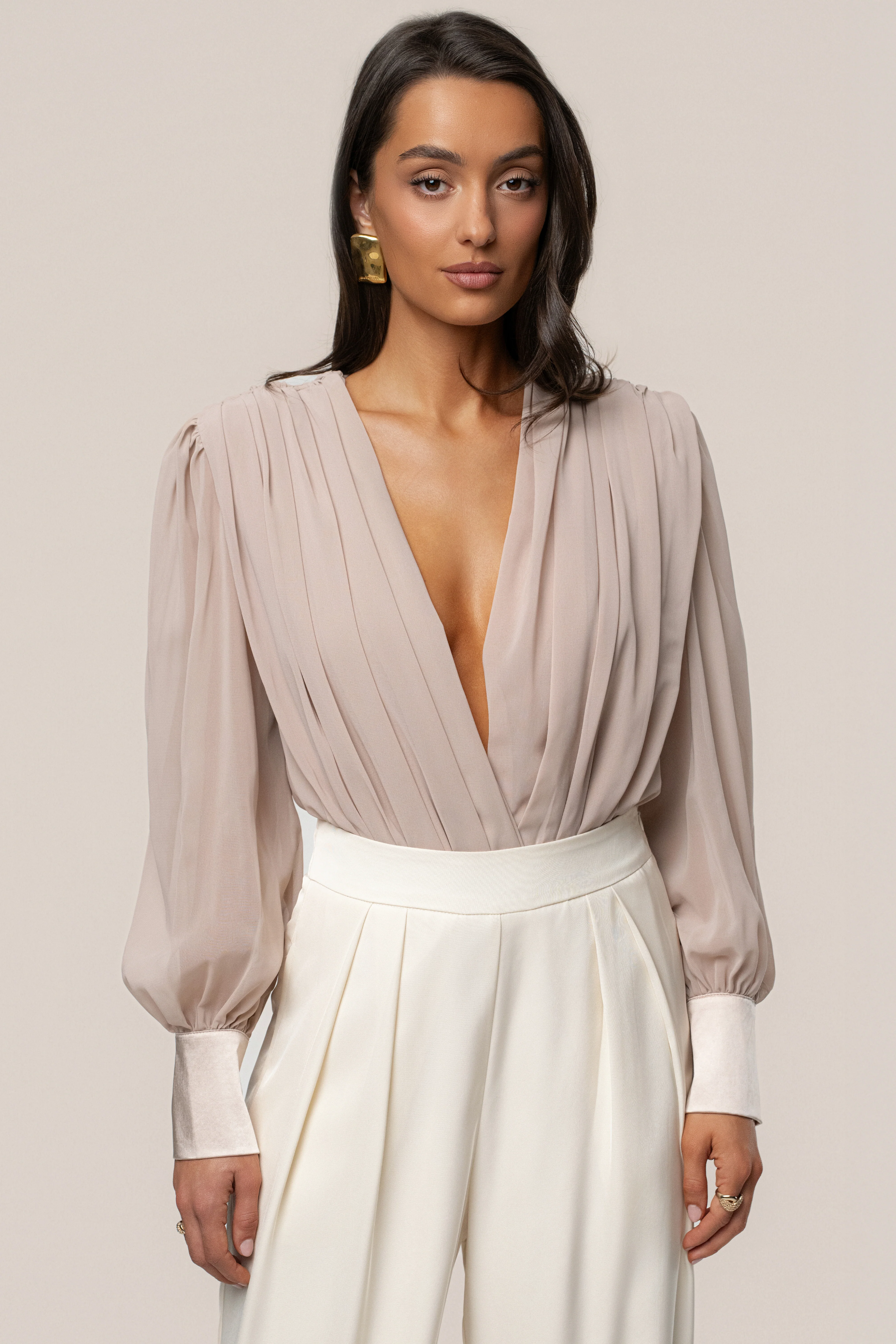 Beige Refined Pleated Chiffon Top - Image 5