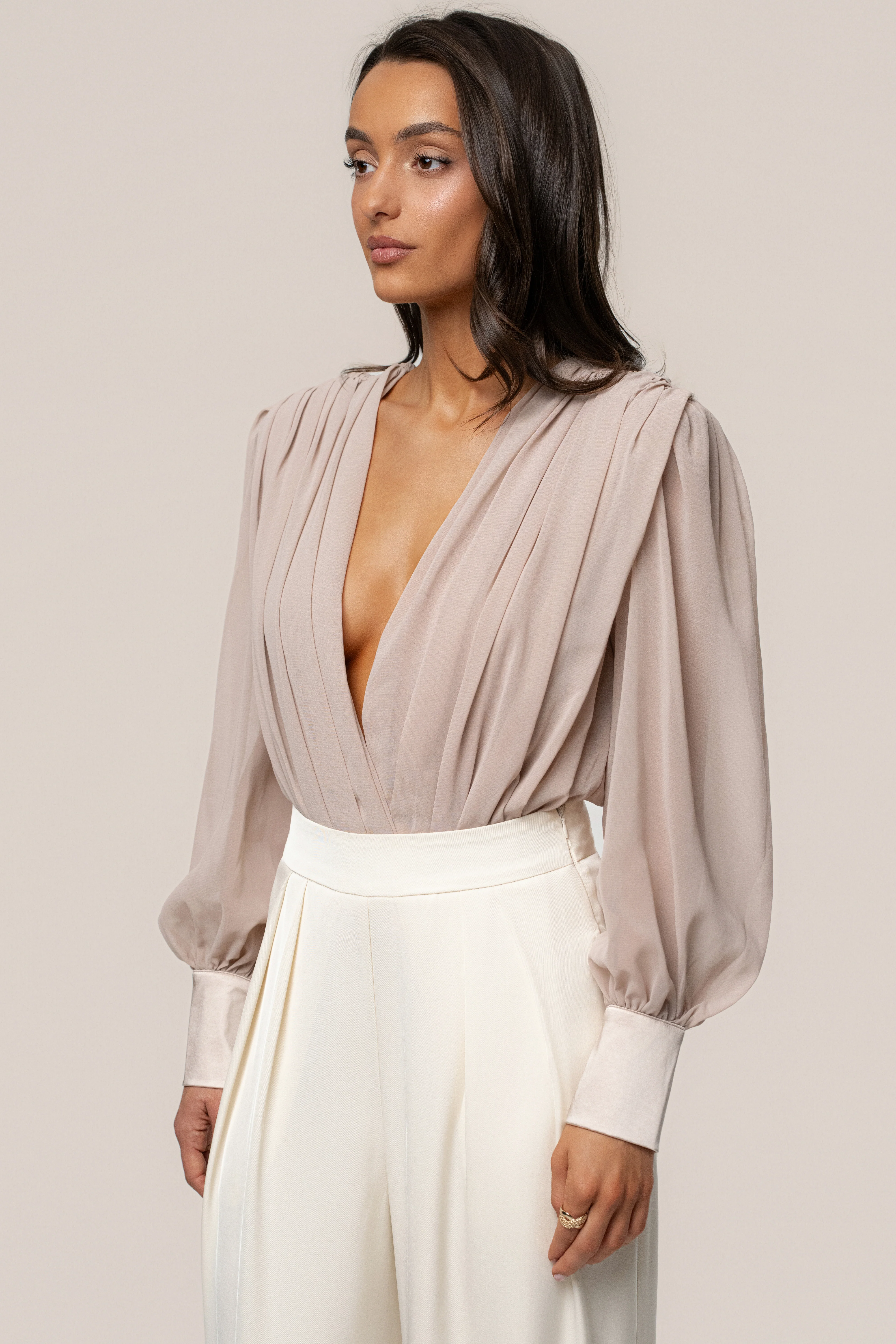 Beige Refined Pleated Chiffon Top - Image 6