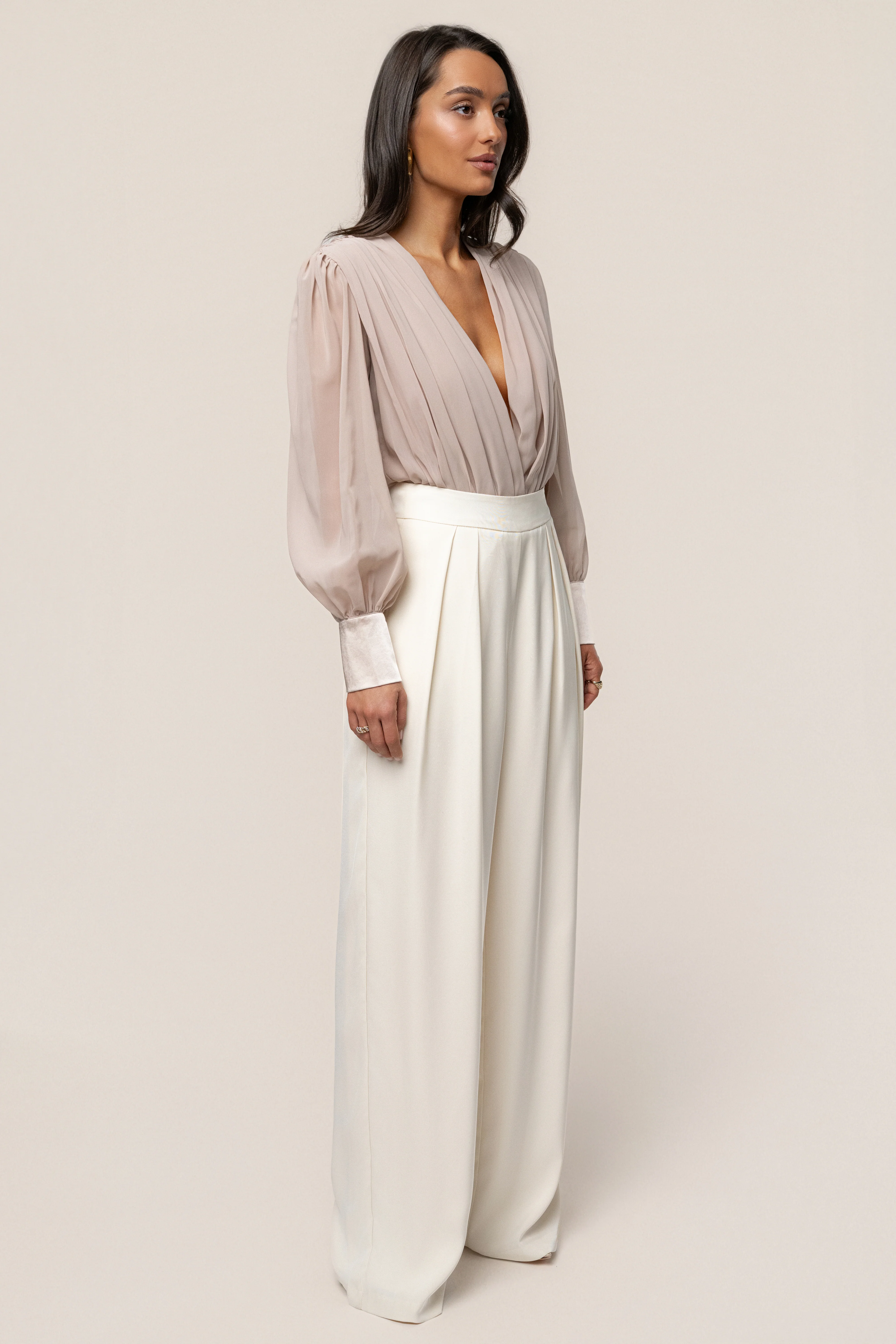 Beige Refined Pleated Chiffon Top - Image 7