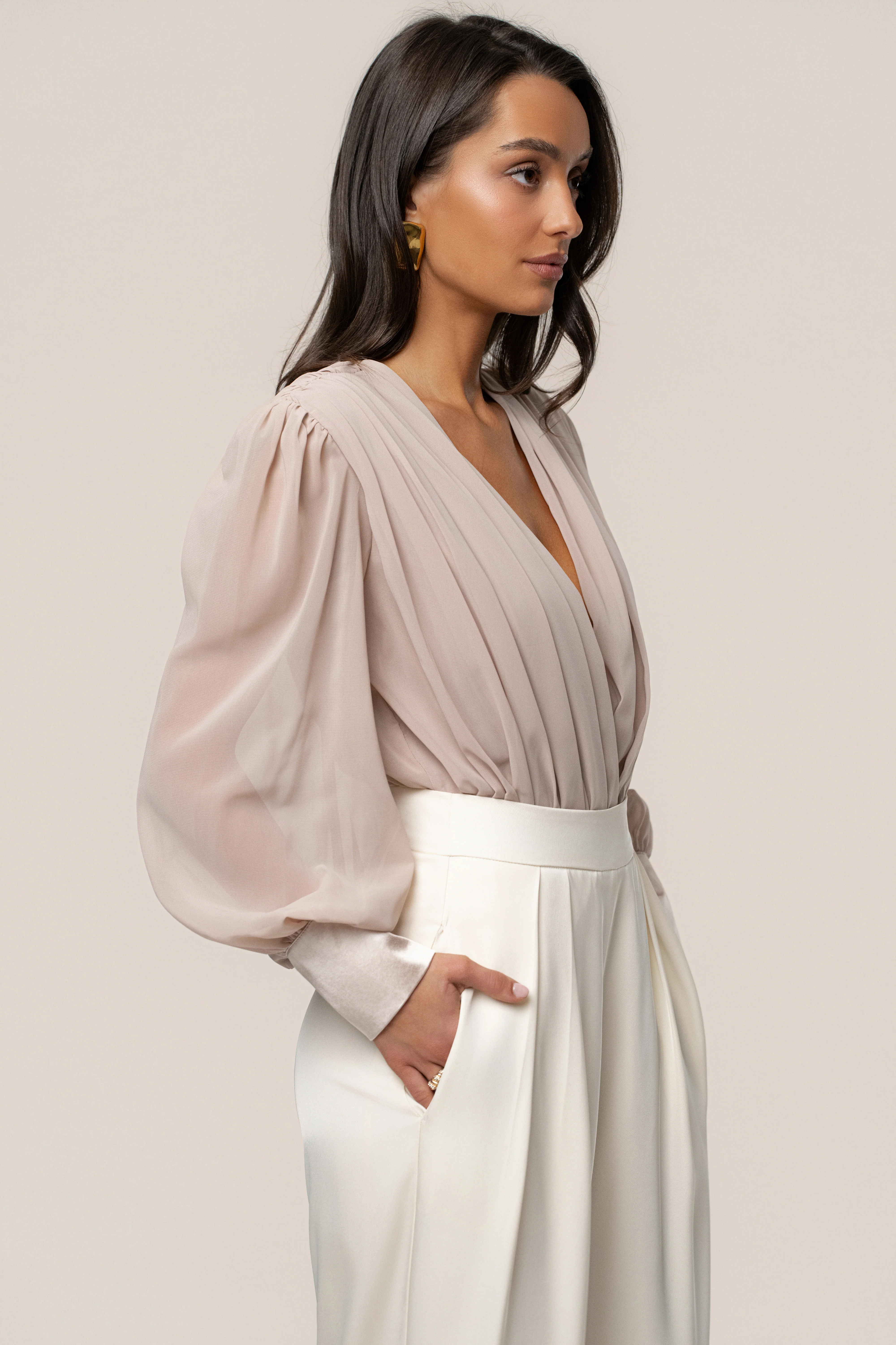 Beige Refined Pleated Chiffon Top - Image 8