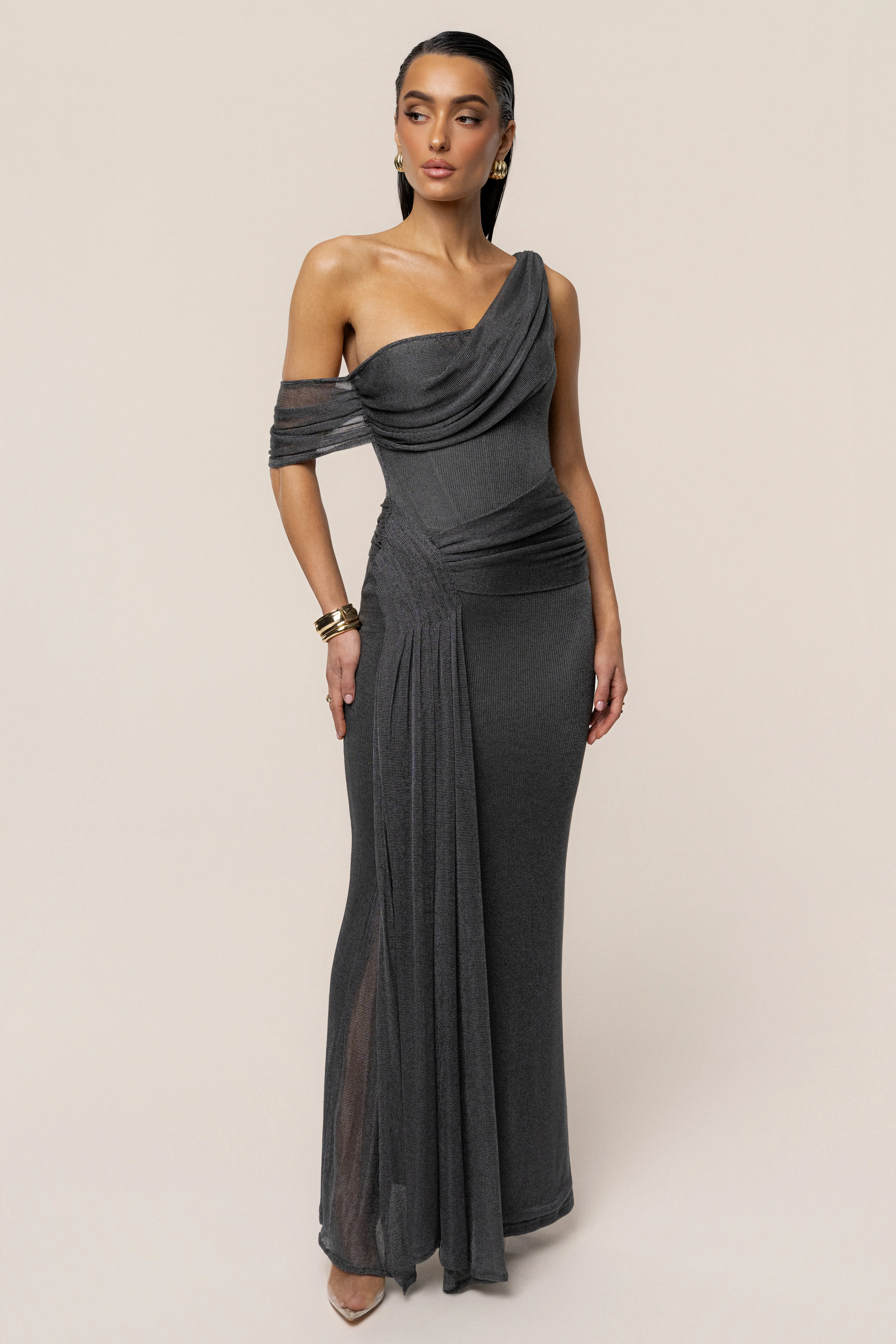 Gun Metal Draped Metallic Maxi Dress - Image 3