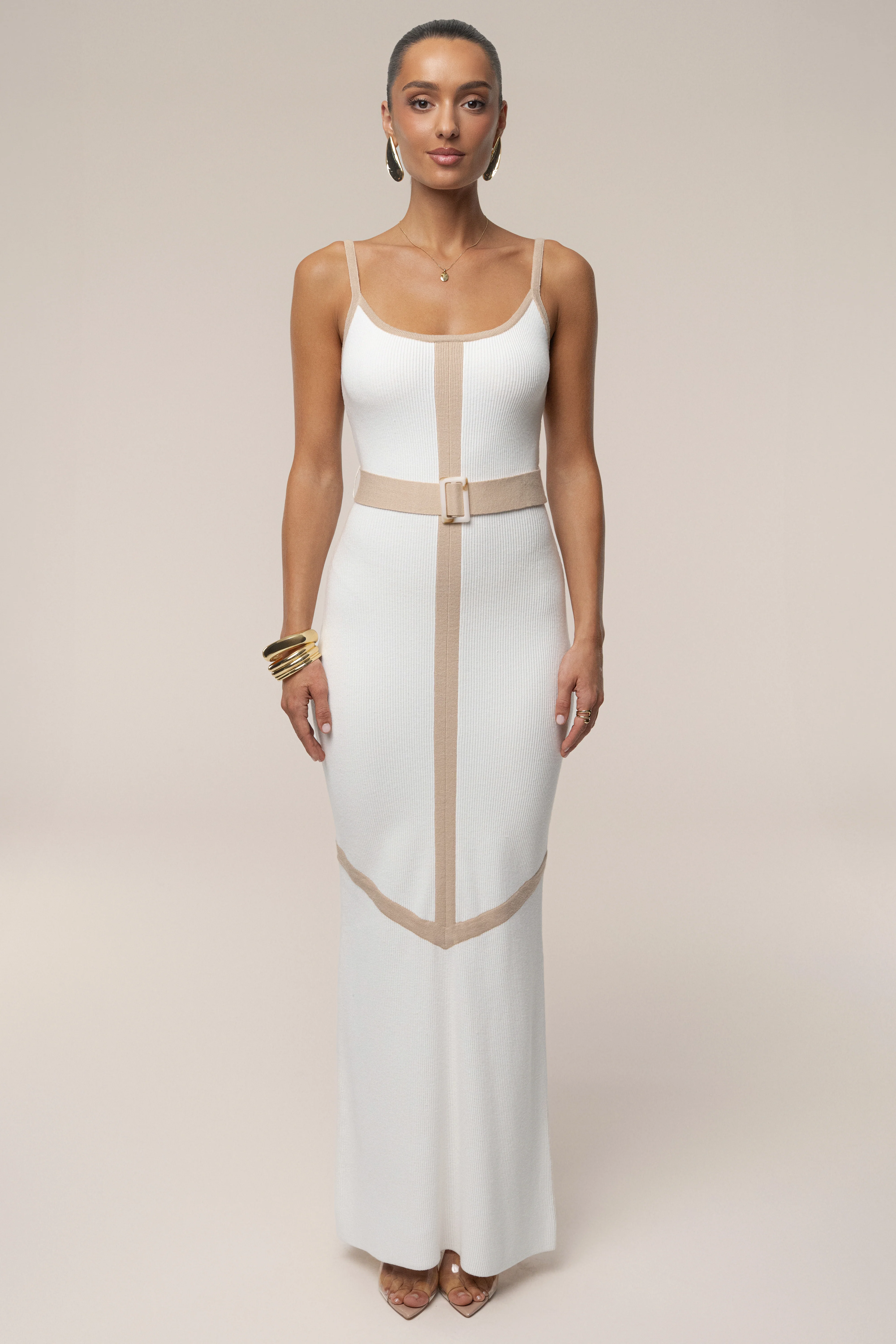 Ivory/Beige Belted Cami Maxi Dress