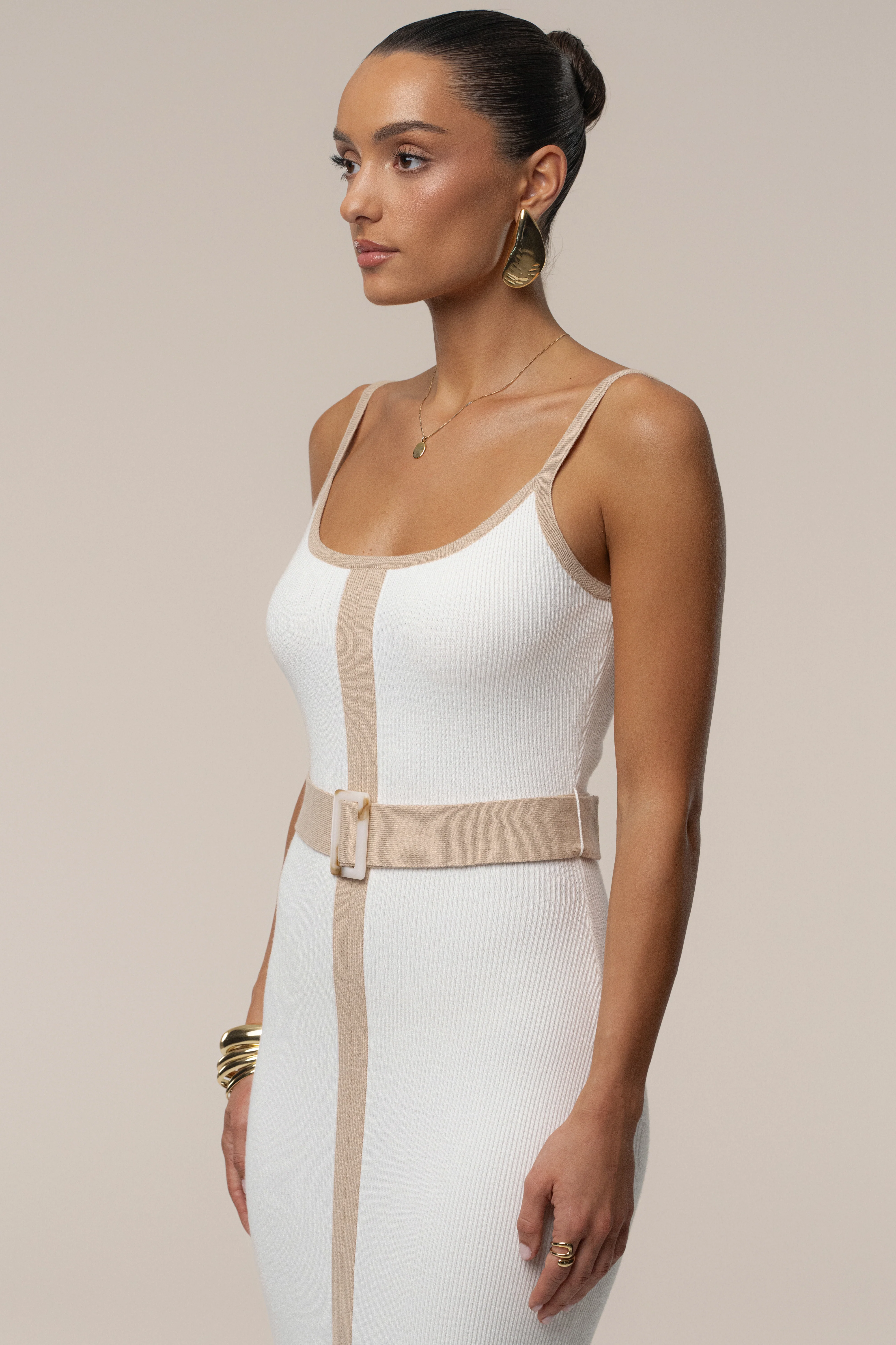 Ivory/Beige Belted Cami Maxi Dress - Image 5