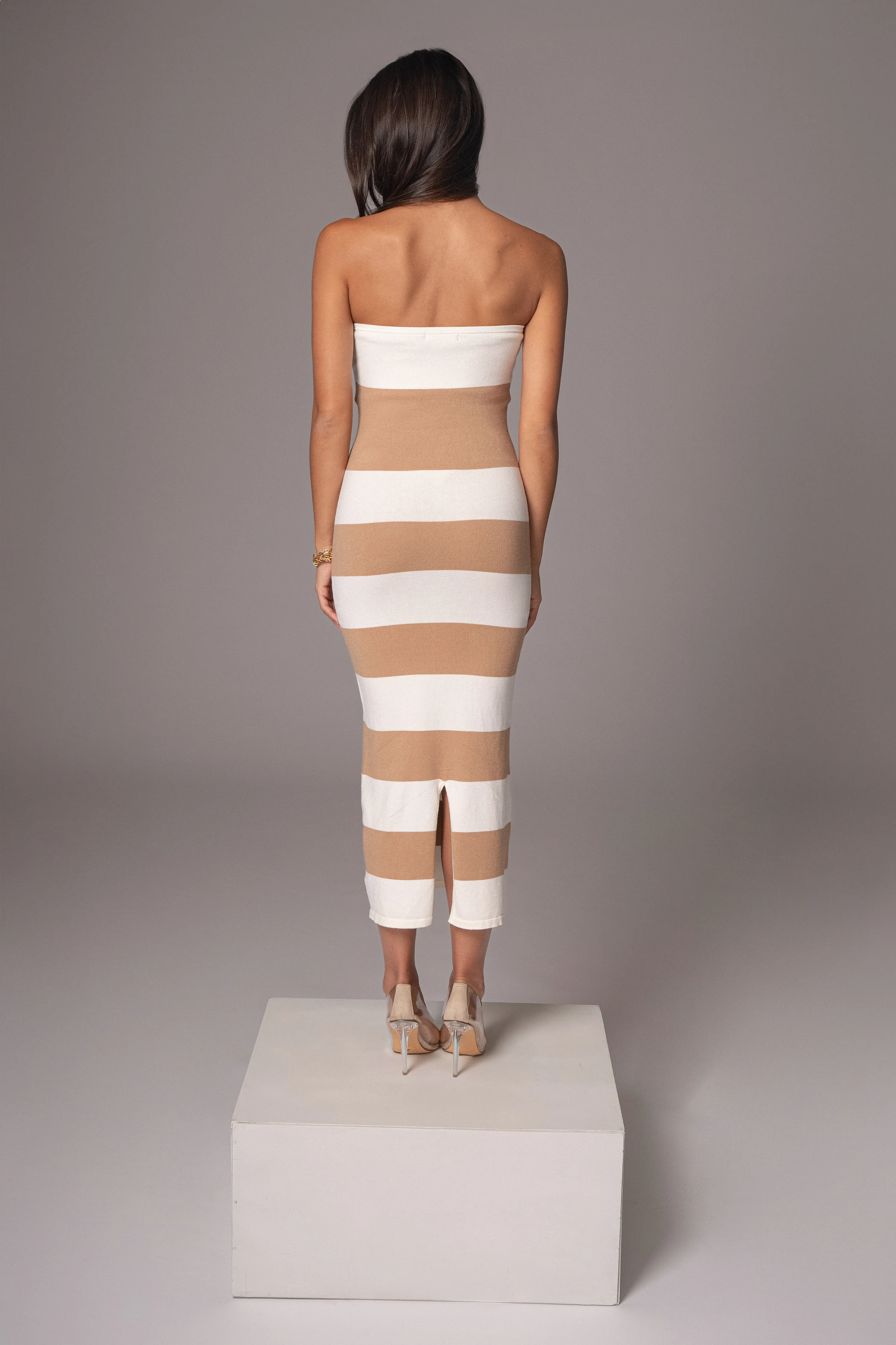Ivory/Beige Striped Strapless Midi Dress - Image 12