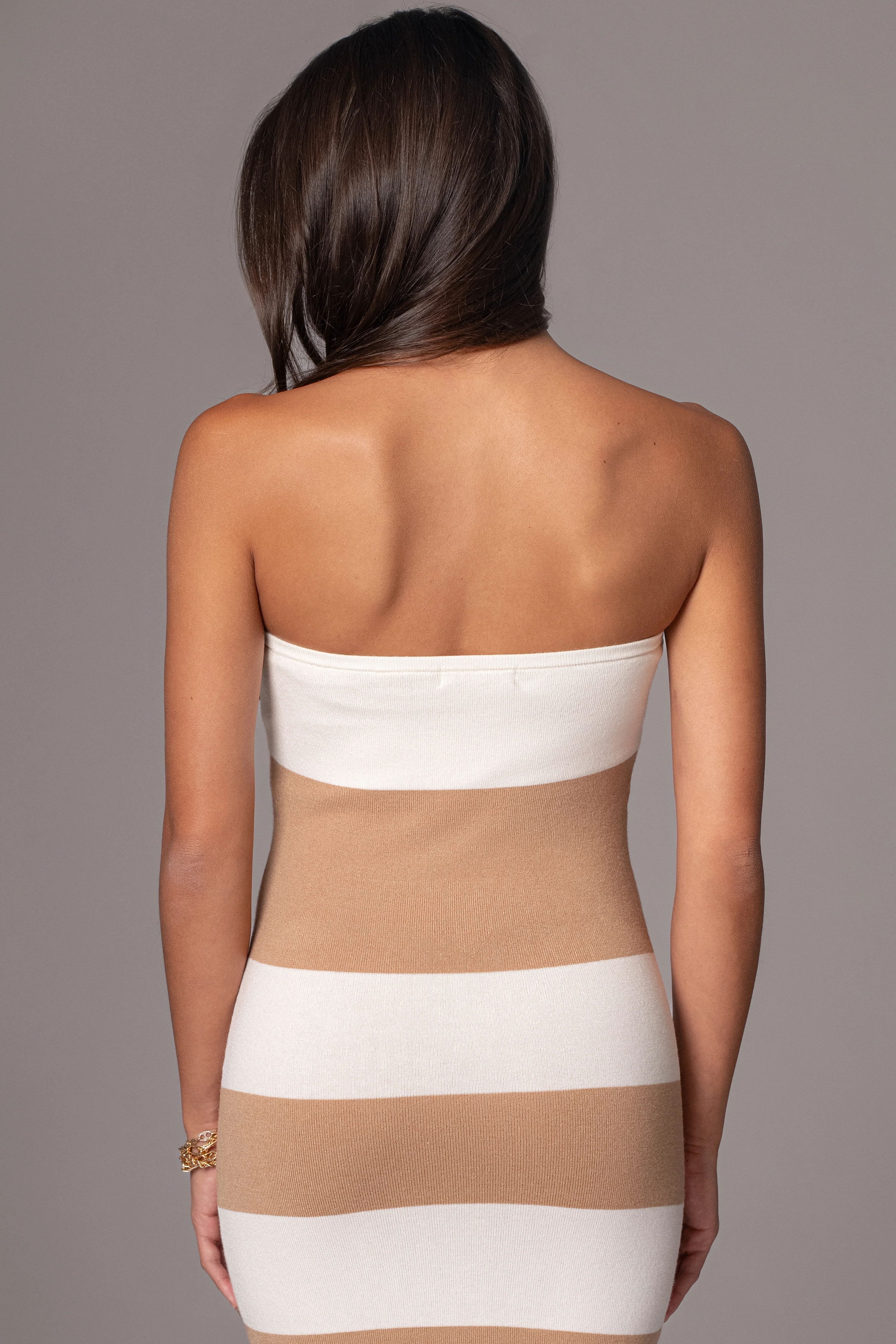 Ivory/Beige Striped Strapless Midi Dress - Image 13