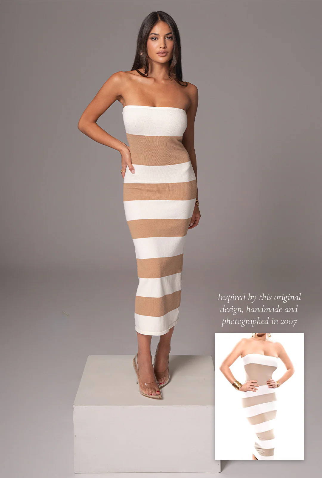 Ivory/Beige Striped Strapless Midi Dress - Image 3