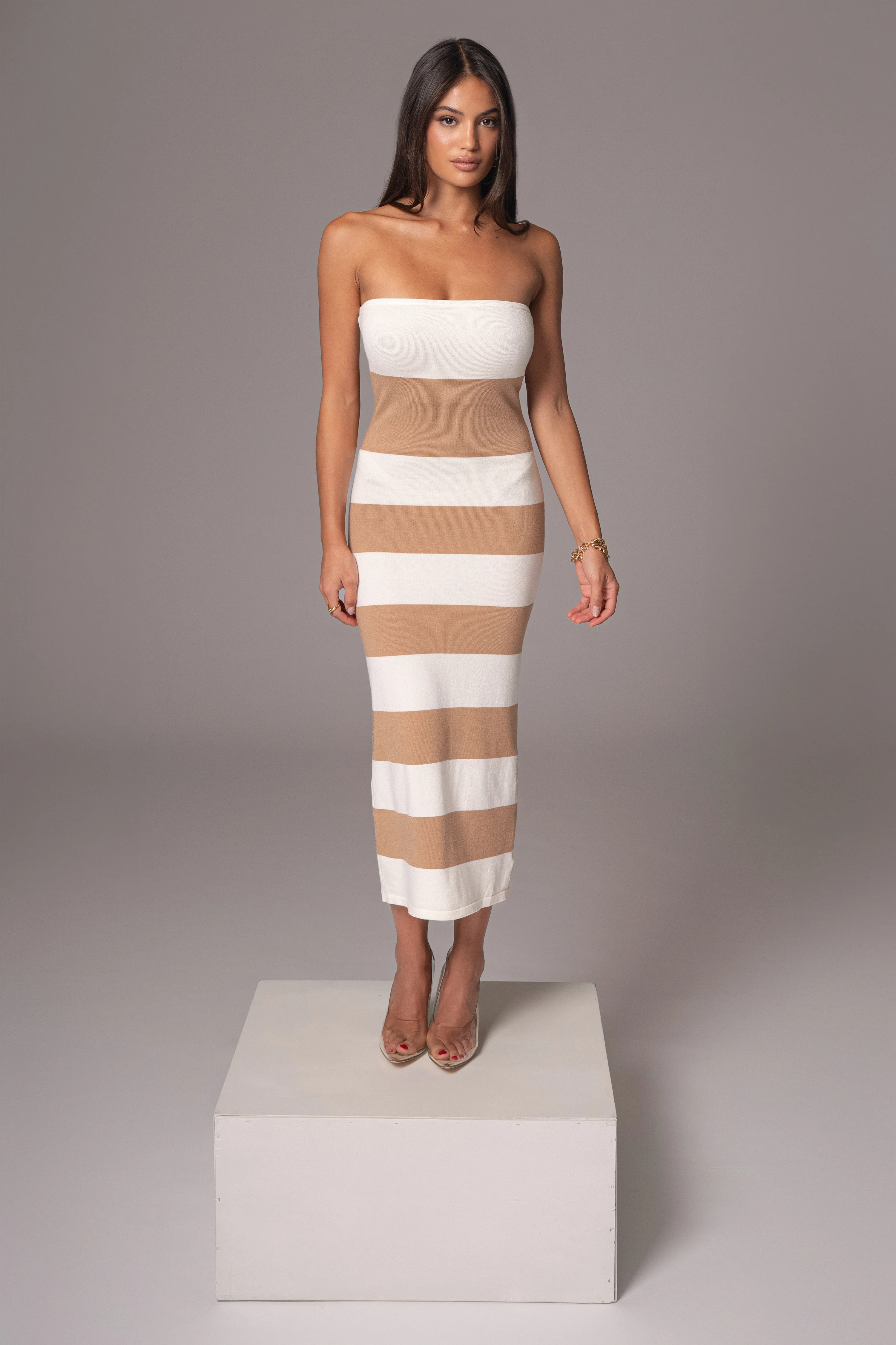 Ivory/Beige Striped Strapless Midi Dress - Image 6