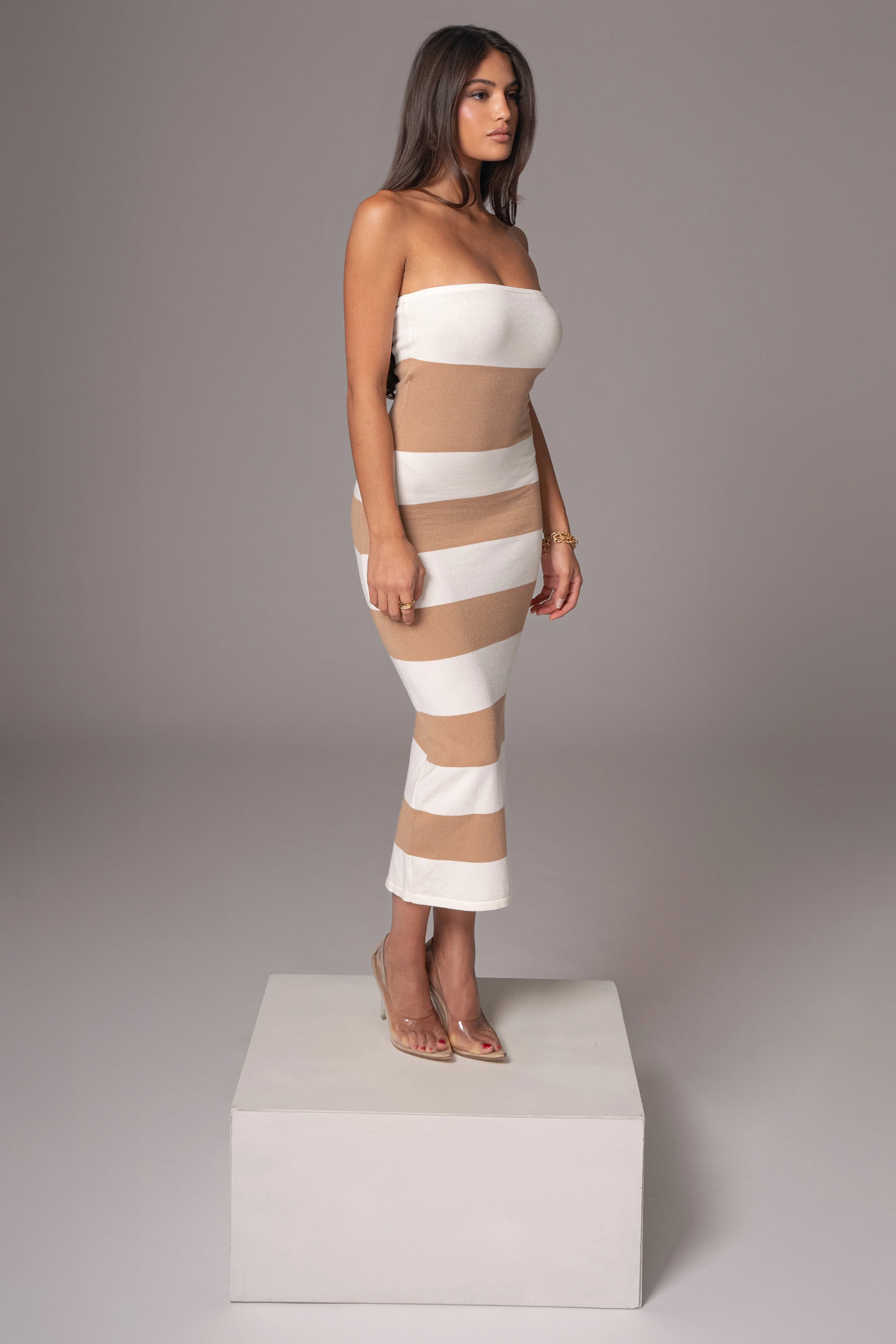 Ivory/Beige Striped Strapless Midi Dress - Image 8
