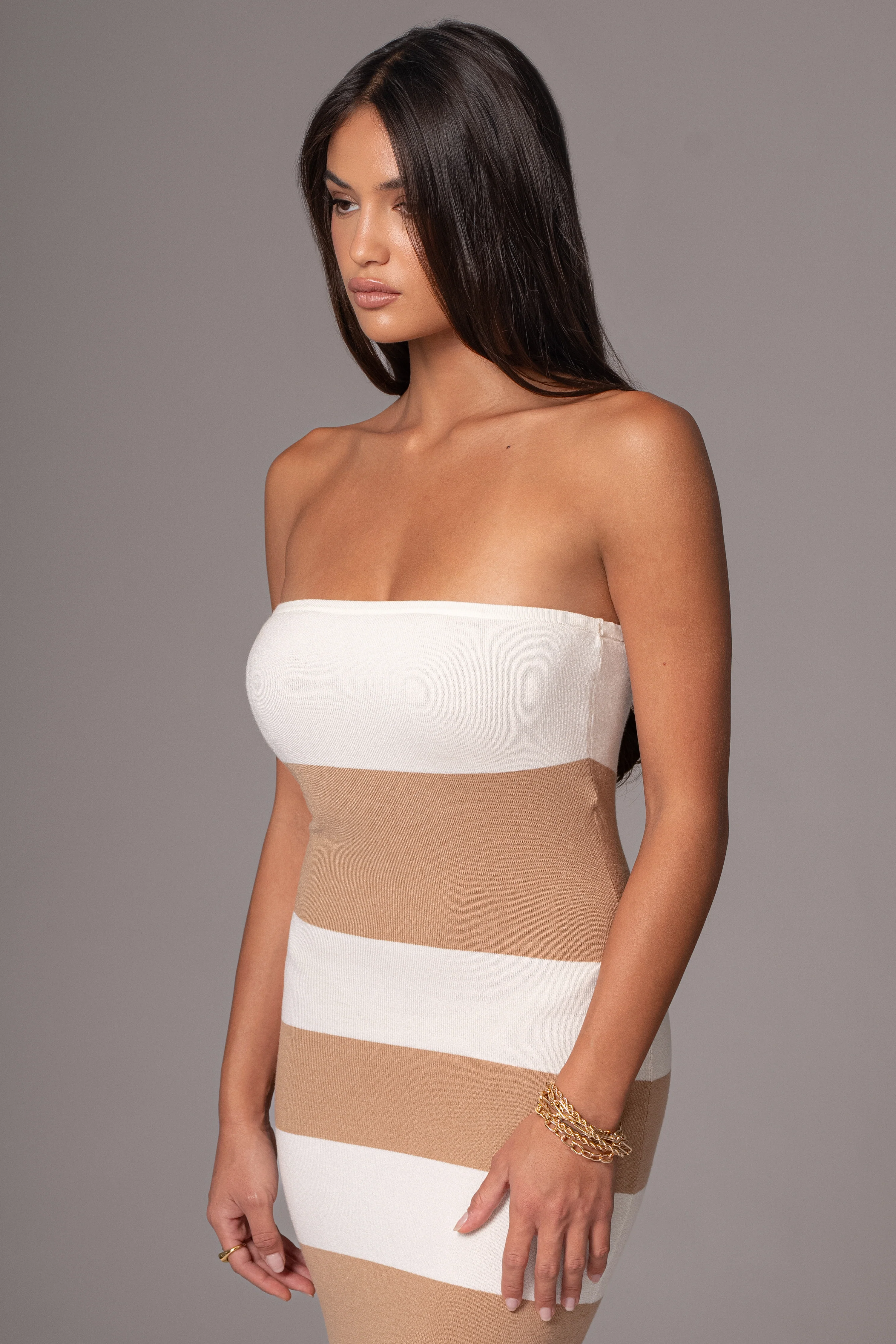 Ivory/Beige Striped Strapless Midi Dress - Image 9