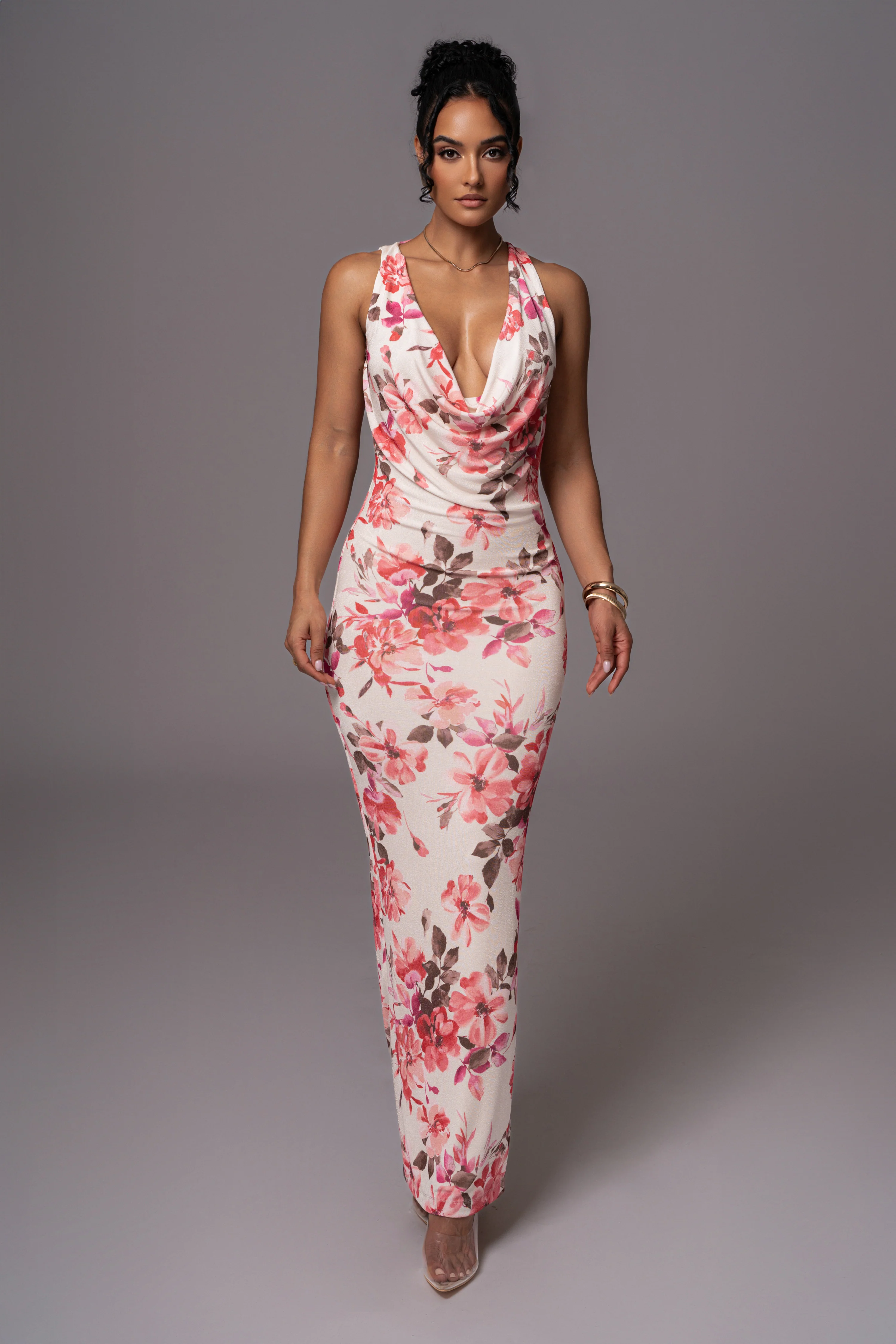 Ivory Floral Slinky Highlights Cowl Neck Maxi Dress