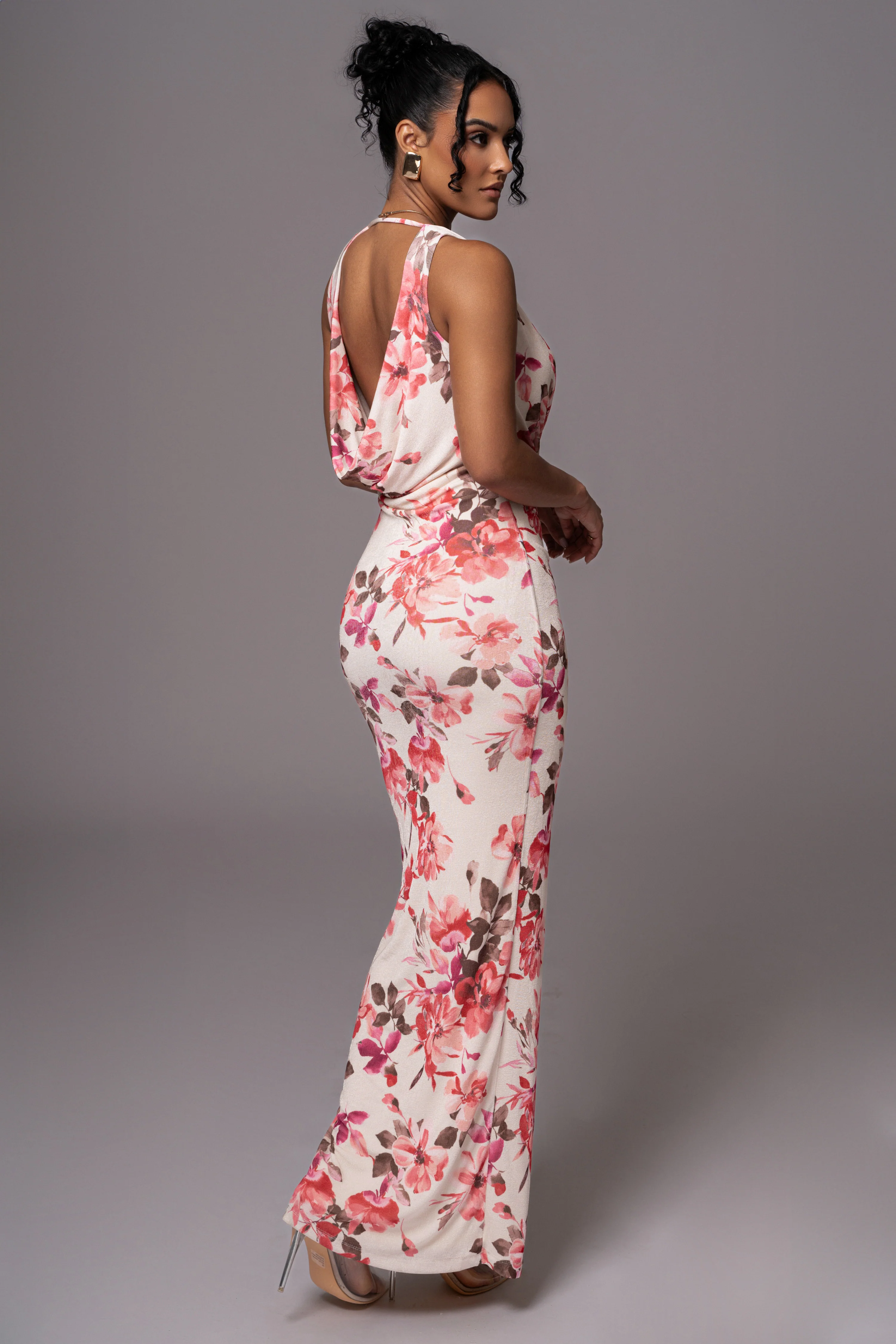 Ivory Floral Slinky Highlights Cowl Neck Maxi Dress - Image 10