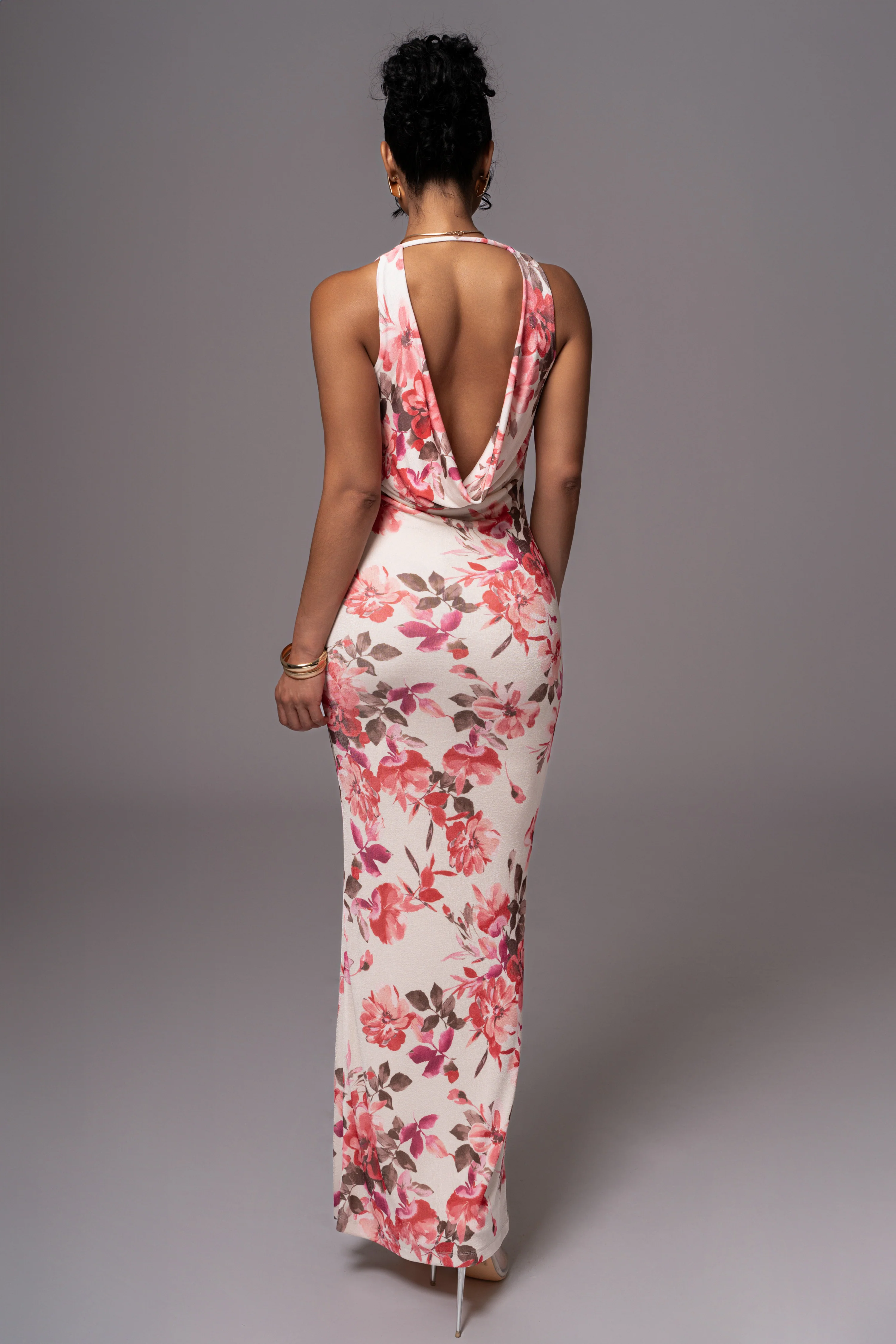 Ivory Floral Slinky Highlights Cowl Neck Maxi Dress - Image 2