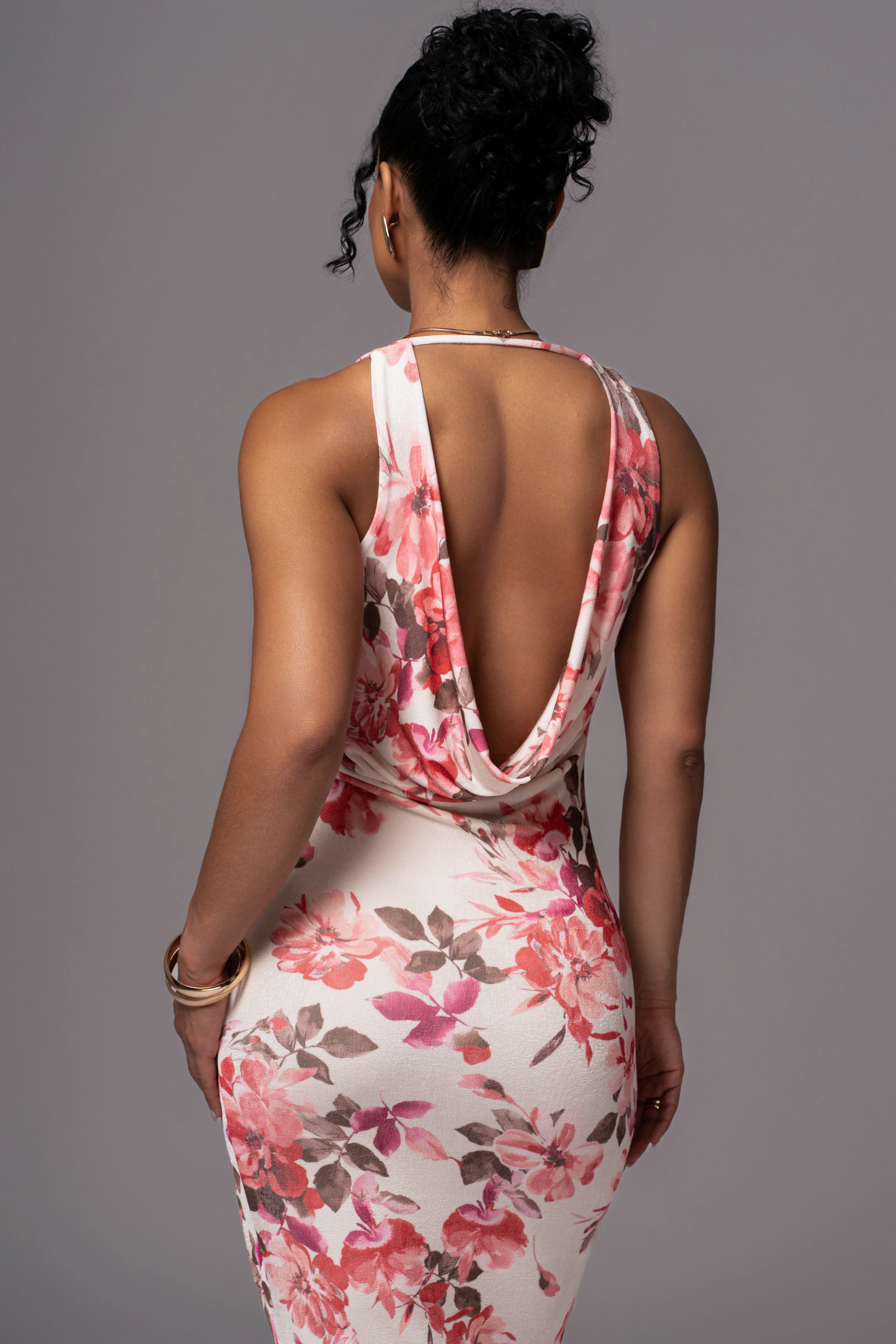 Ivory Floral Slinky Highlights Cowl Neck Maxi Dress - Image 4