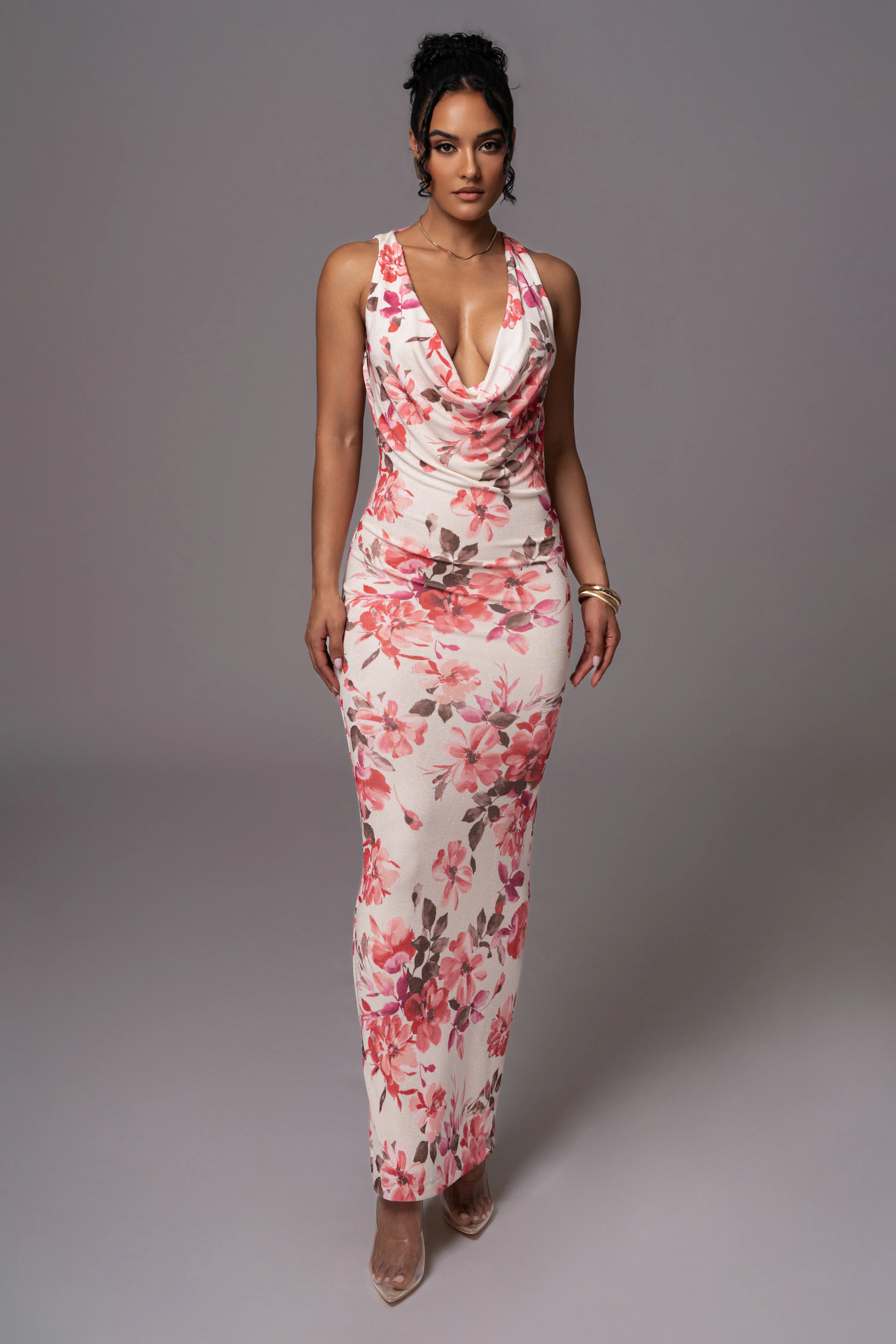 Ivory Floral Slinky Highlights Cowl Neck Maxi Dress - Image 5