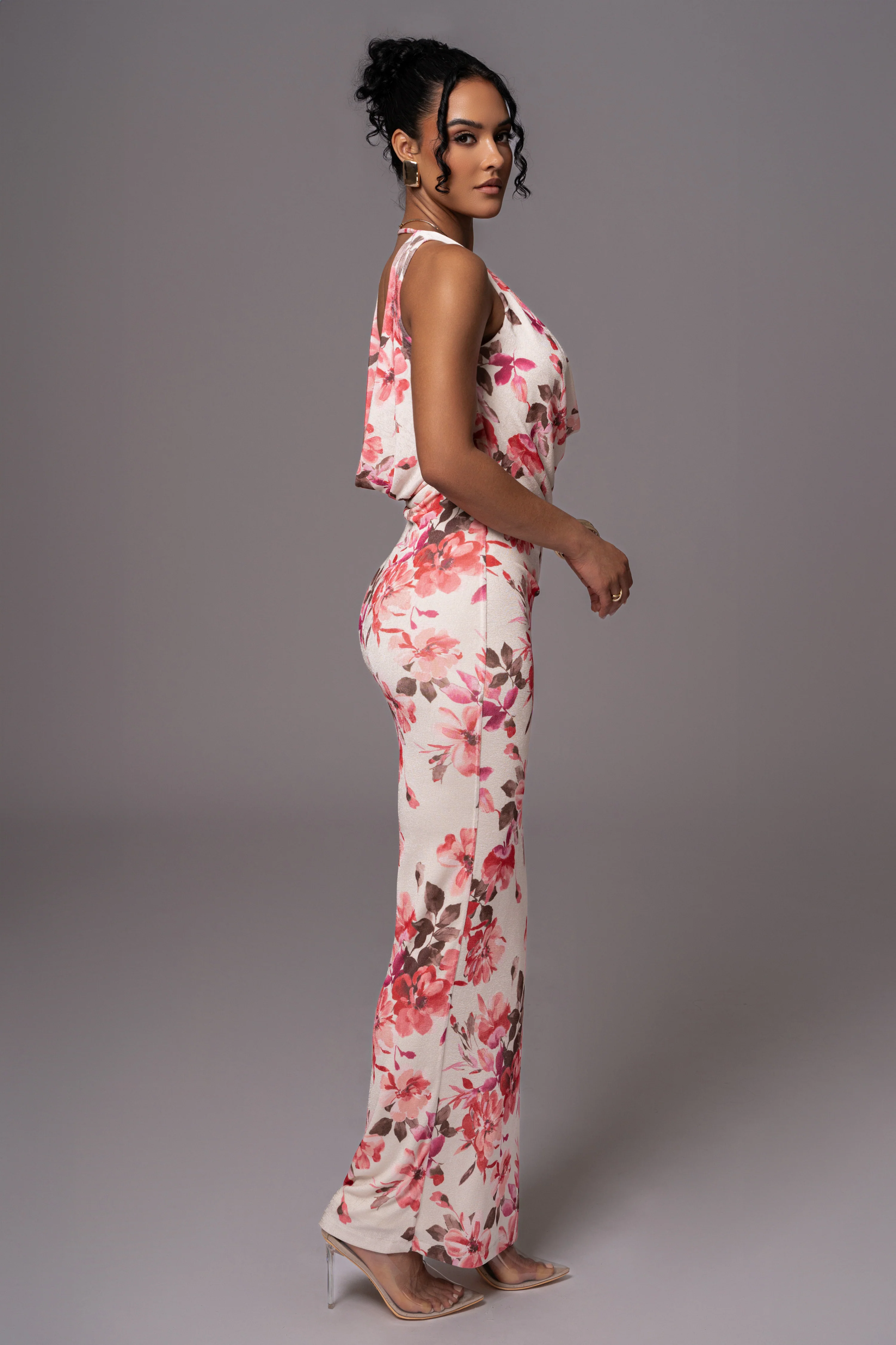 Ivory Floral Slinky Highlights Cowl Neck Maxi Dress - Image 7