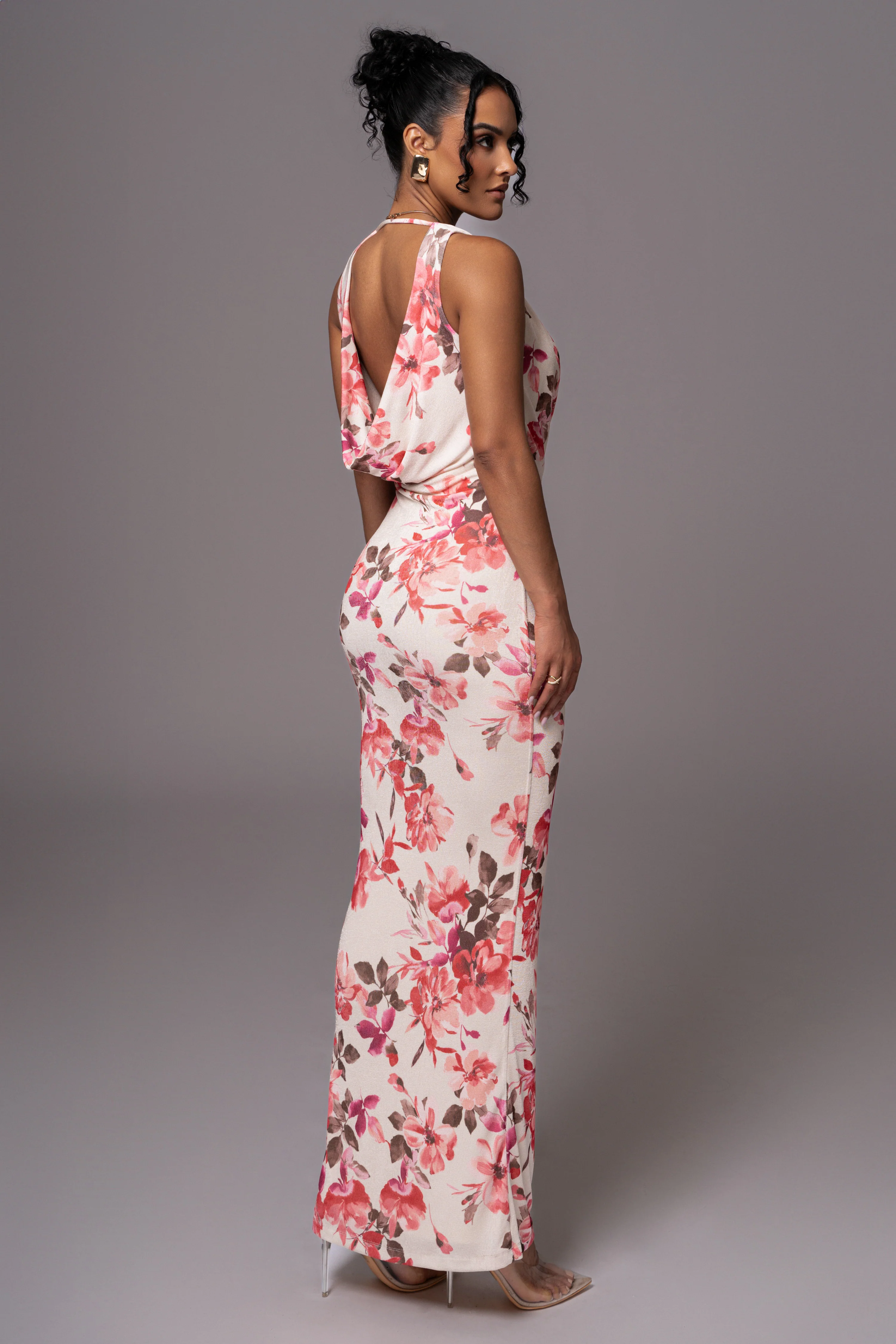 Ivory Floral Slinky Highlights Cowl Neck Maxi Dress - Image 9