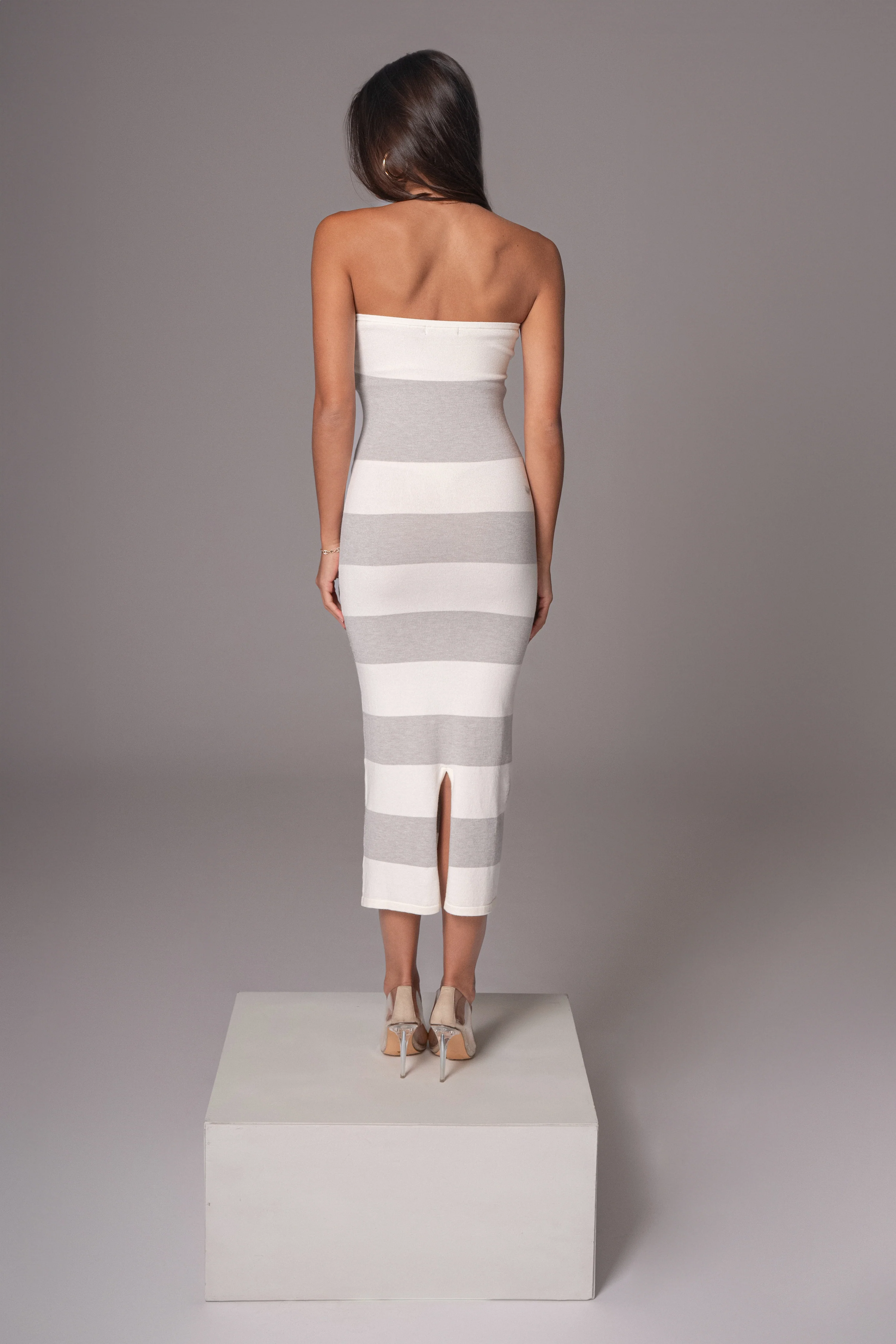 Ivory/Heather Grey Striped Strapless Midi Dress - Image 12