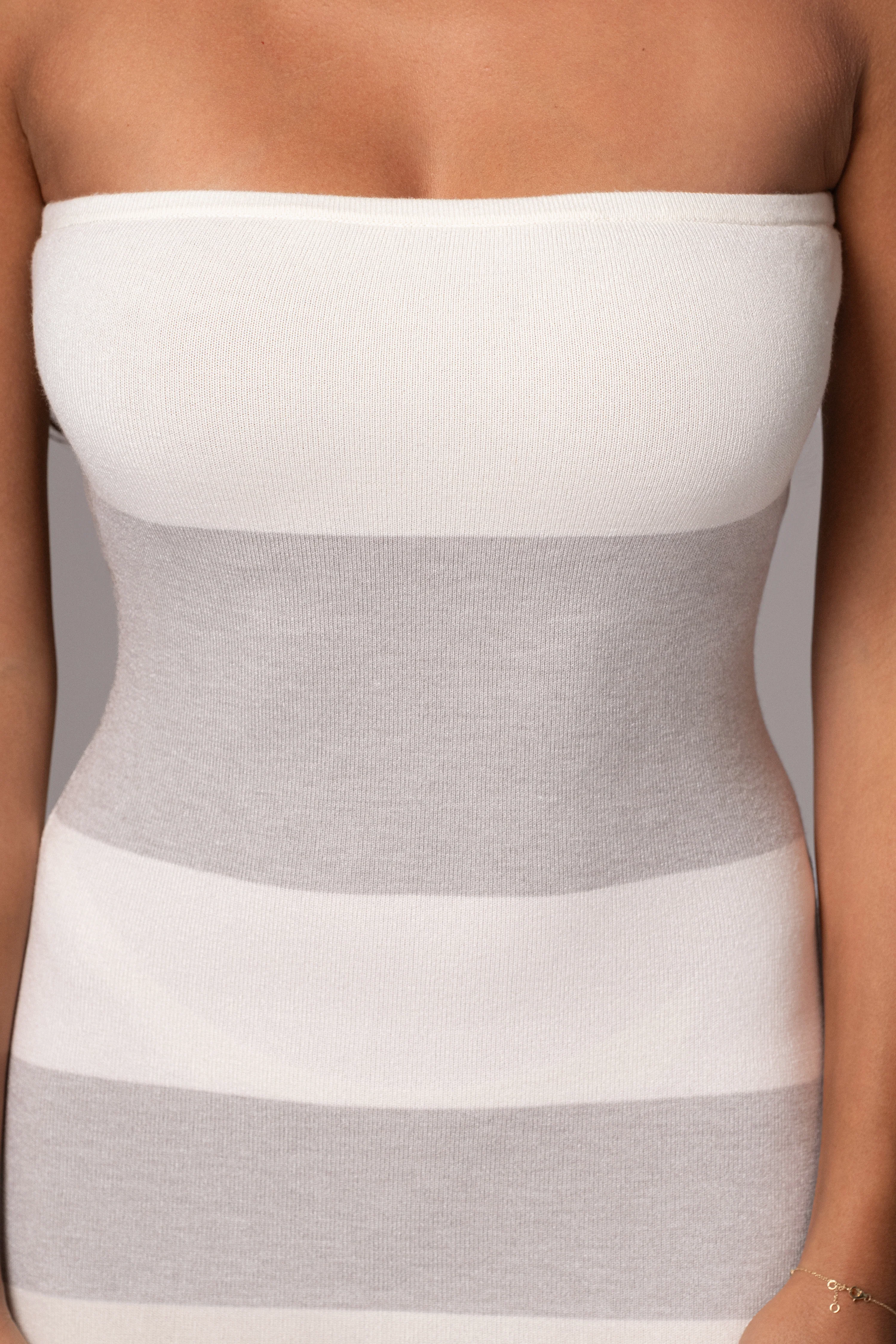 Ivory/Heather Grey Striped Strapless Midi Dress - Image 14
