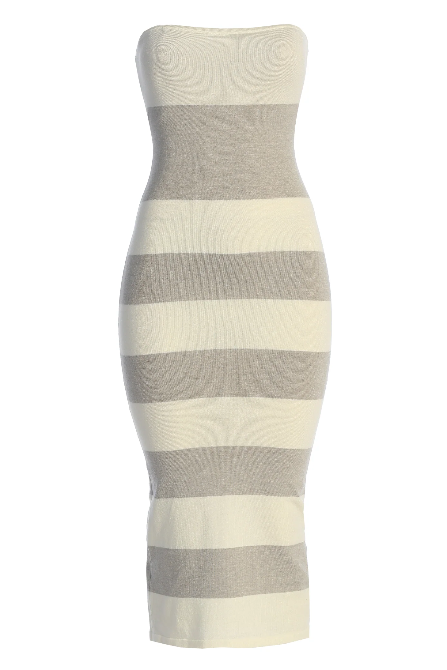 Ivory/Heather Grey Striped Strapless Midi Dress - Image 2
