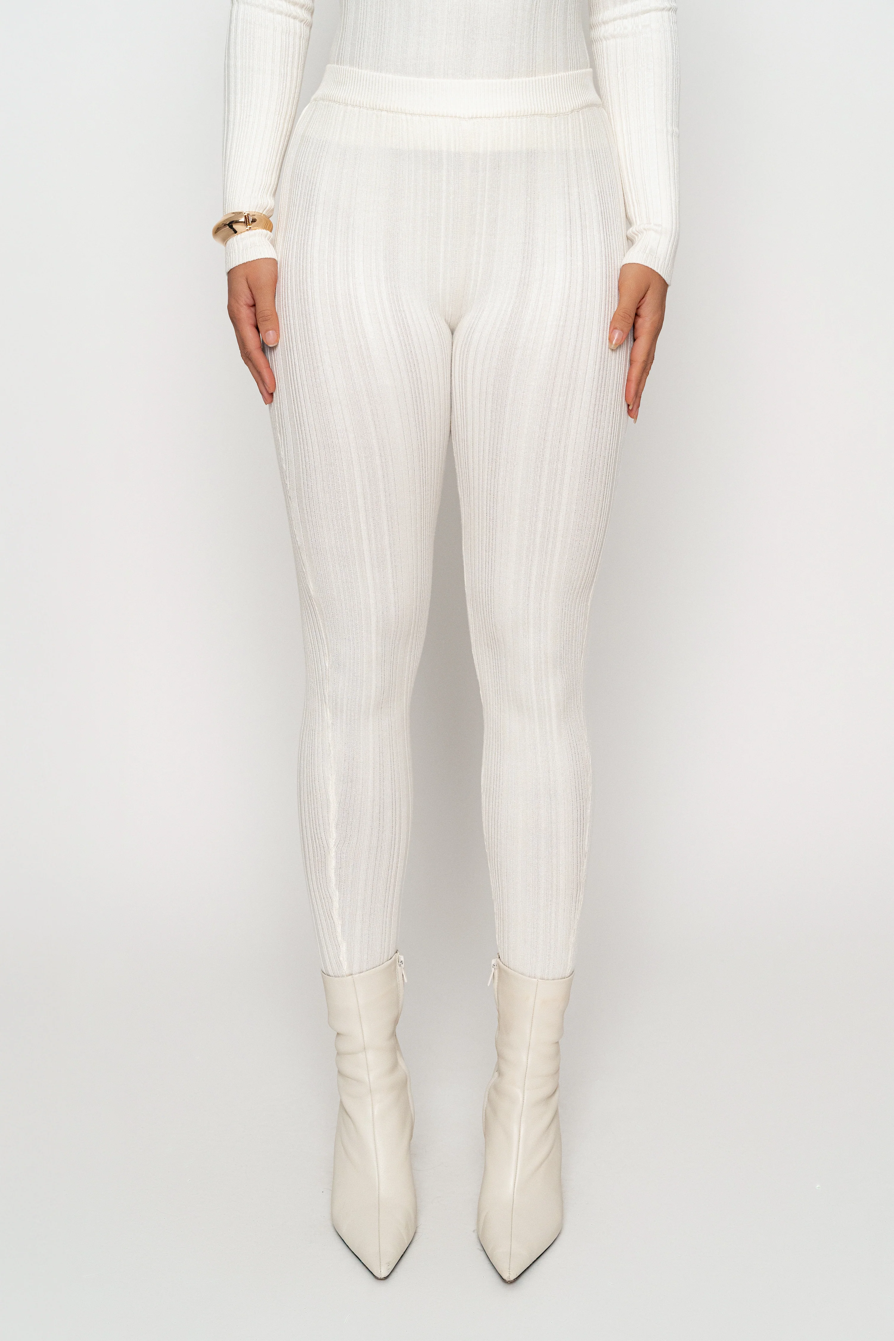 Ivory Ribbed High Waist Leggings - Image 3