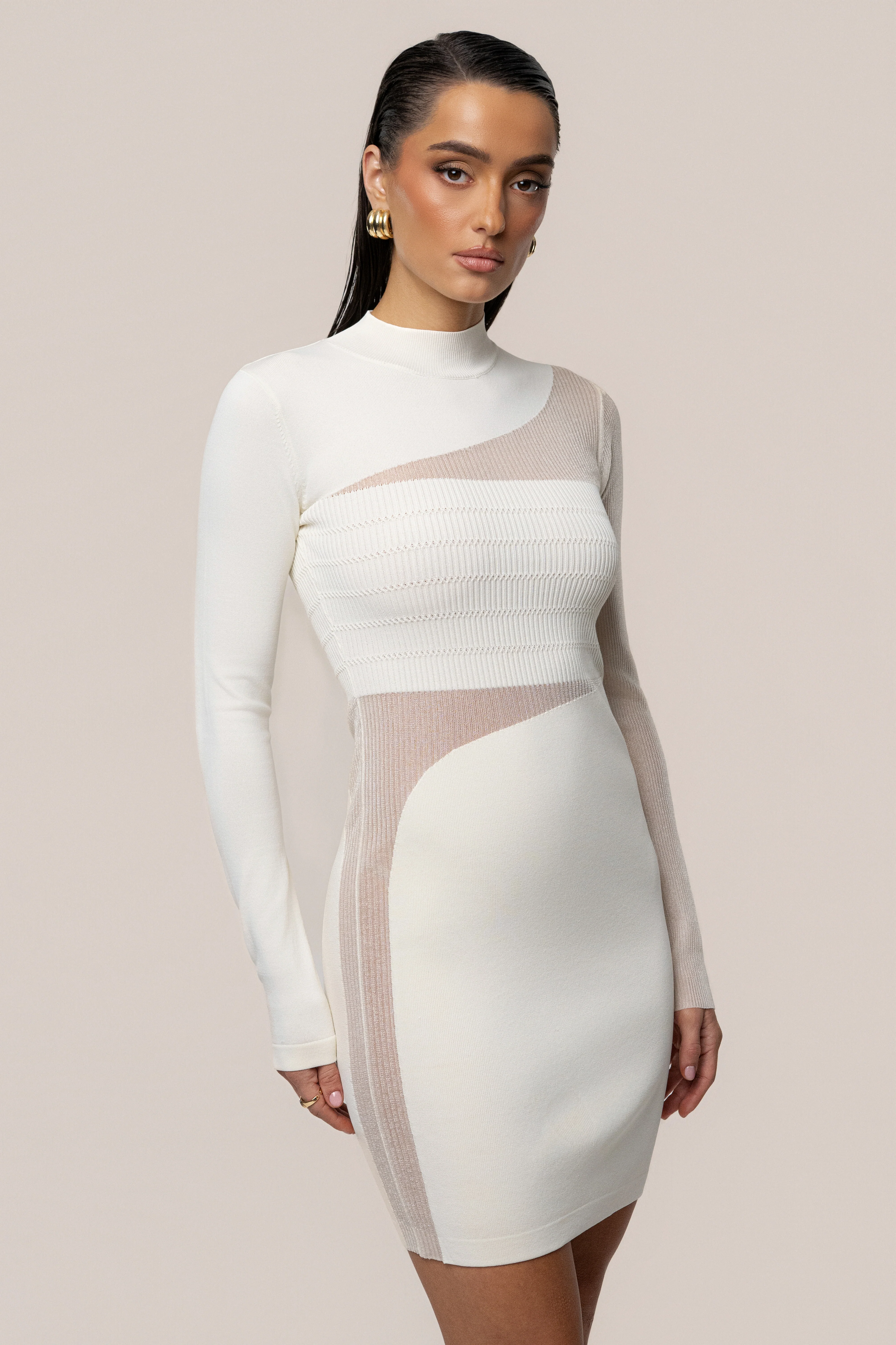 Ivory Sheer Knit Mock Neck Dress - Image 3