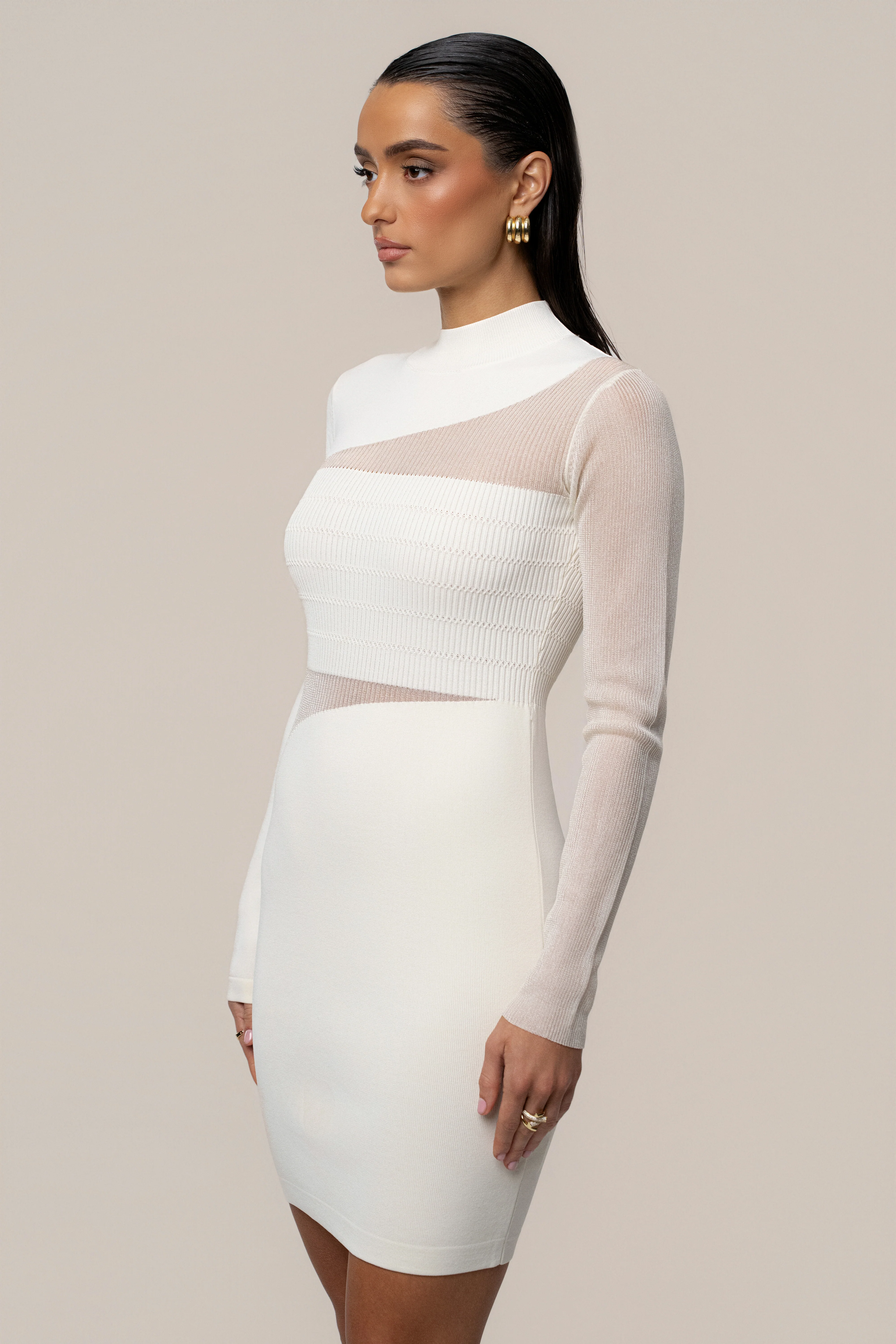 Ivory Sheer Knit Mock Neck Dress - Image 8