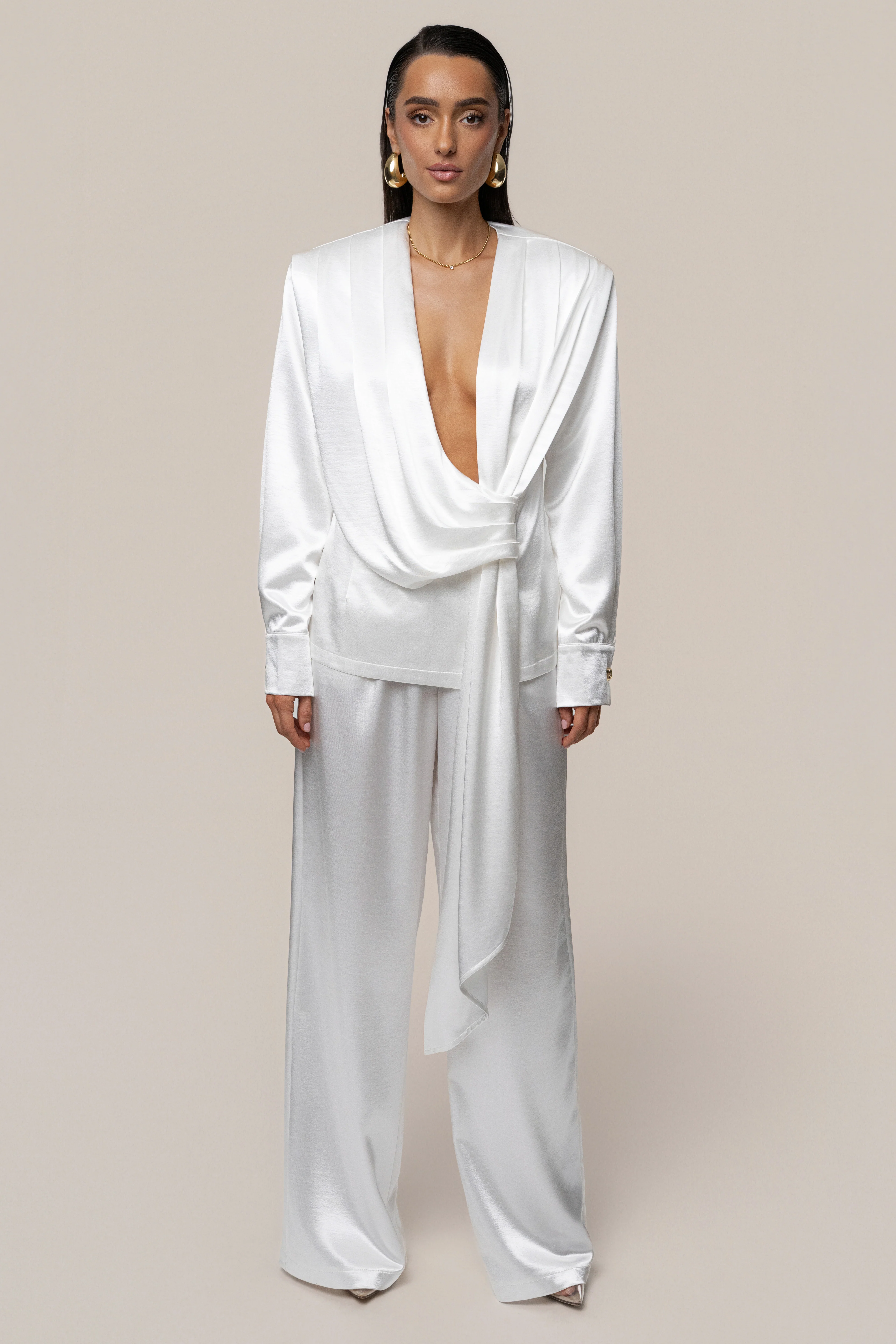 White Statement Draped Satin Top - Image 2