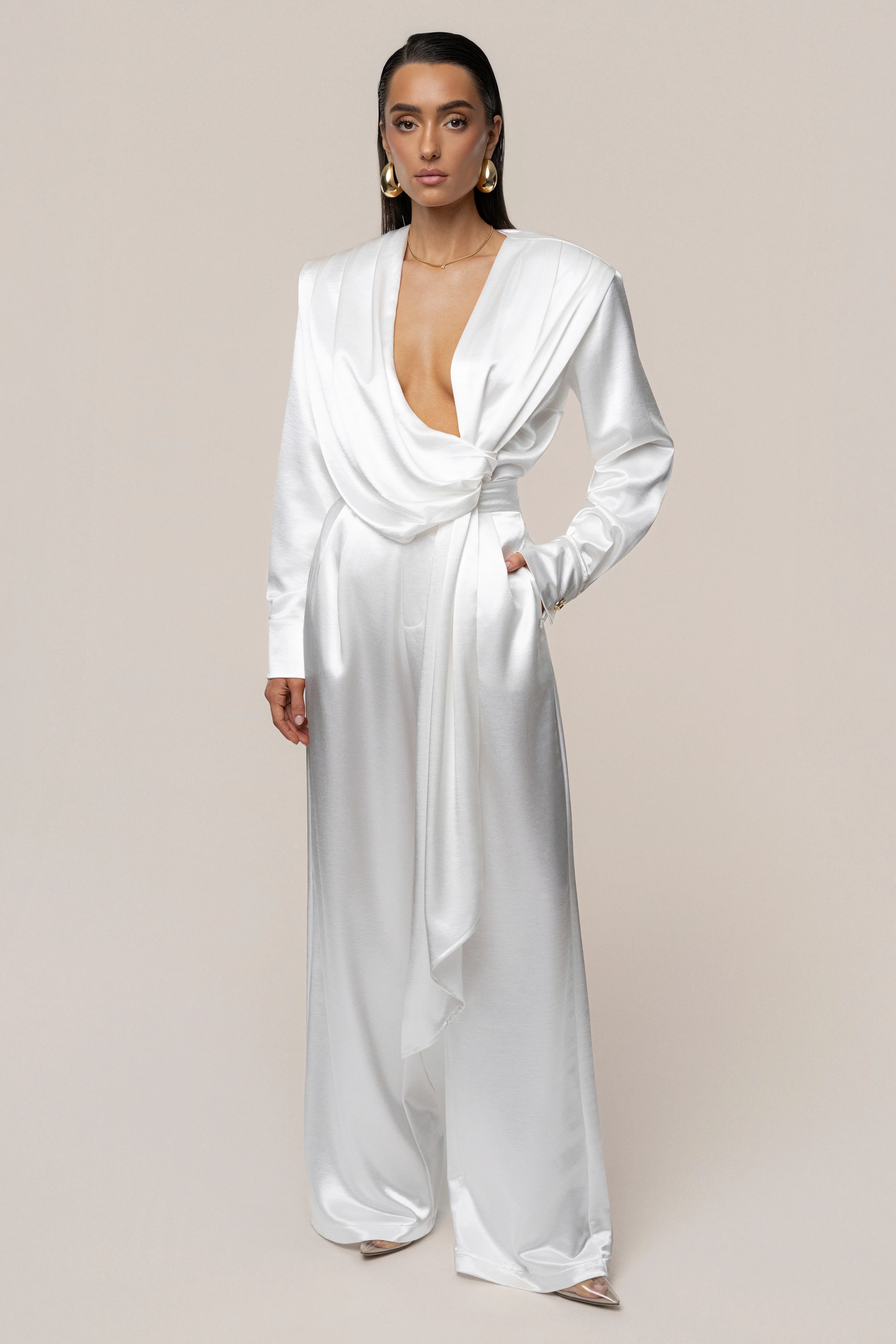 White Statement Draped Satin Top - Image 3