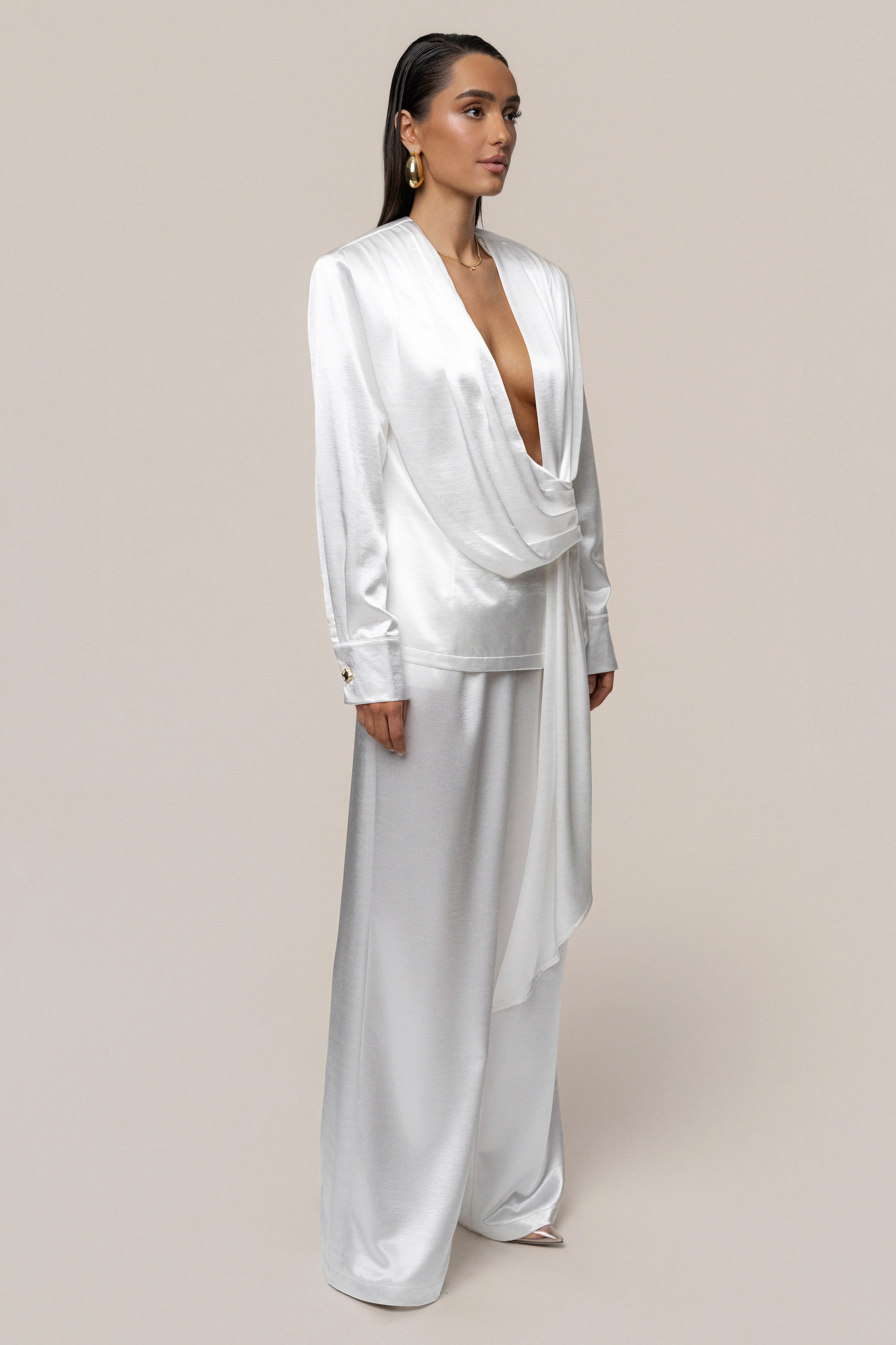 White Statement Draped Satin Top - Image 5