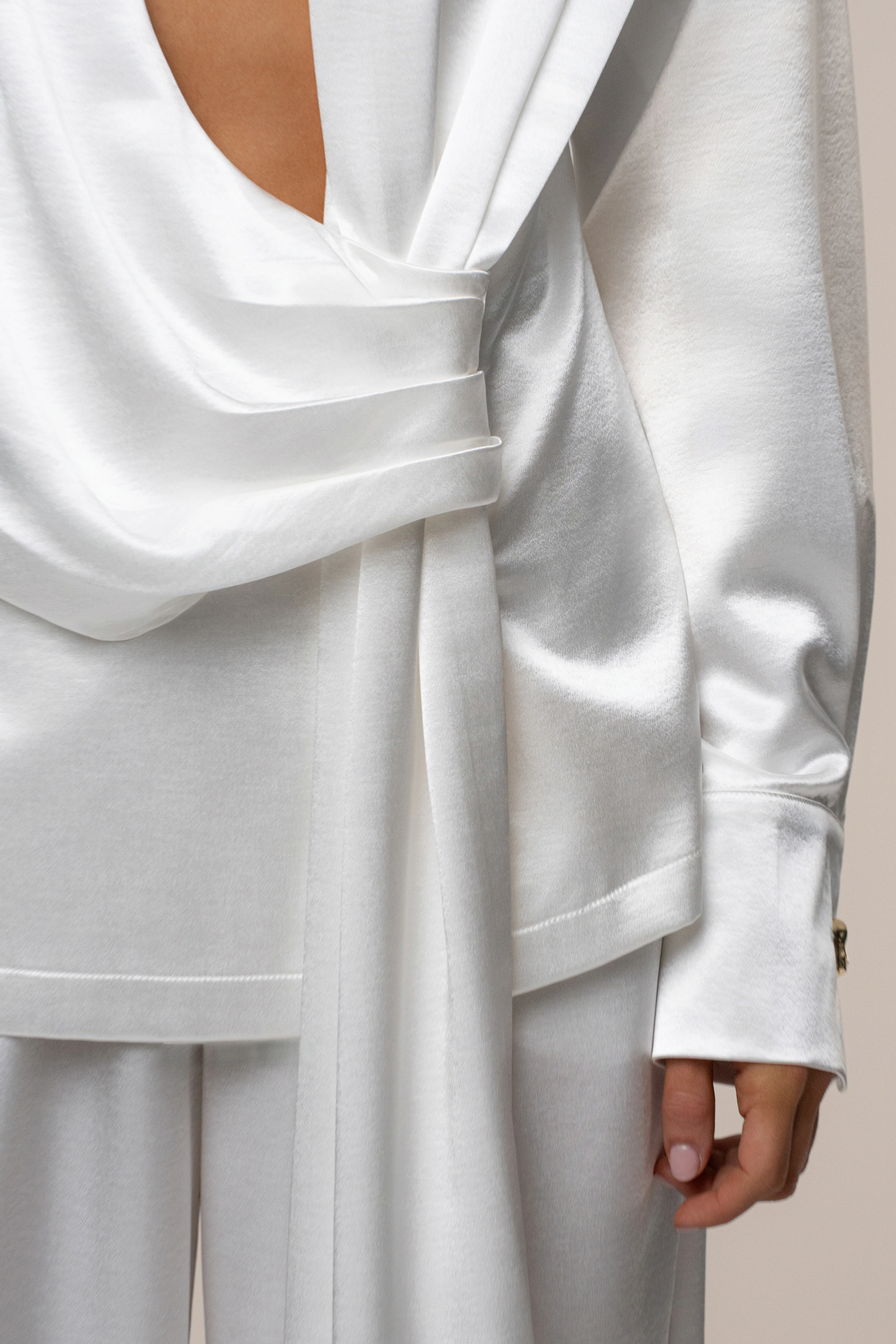 White Statement Draped Satin Top - Image 6