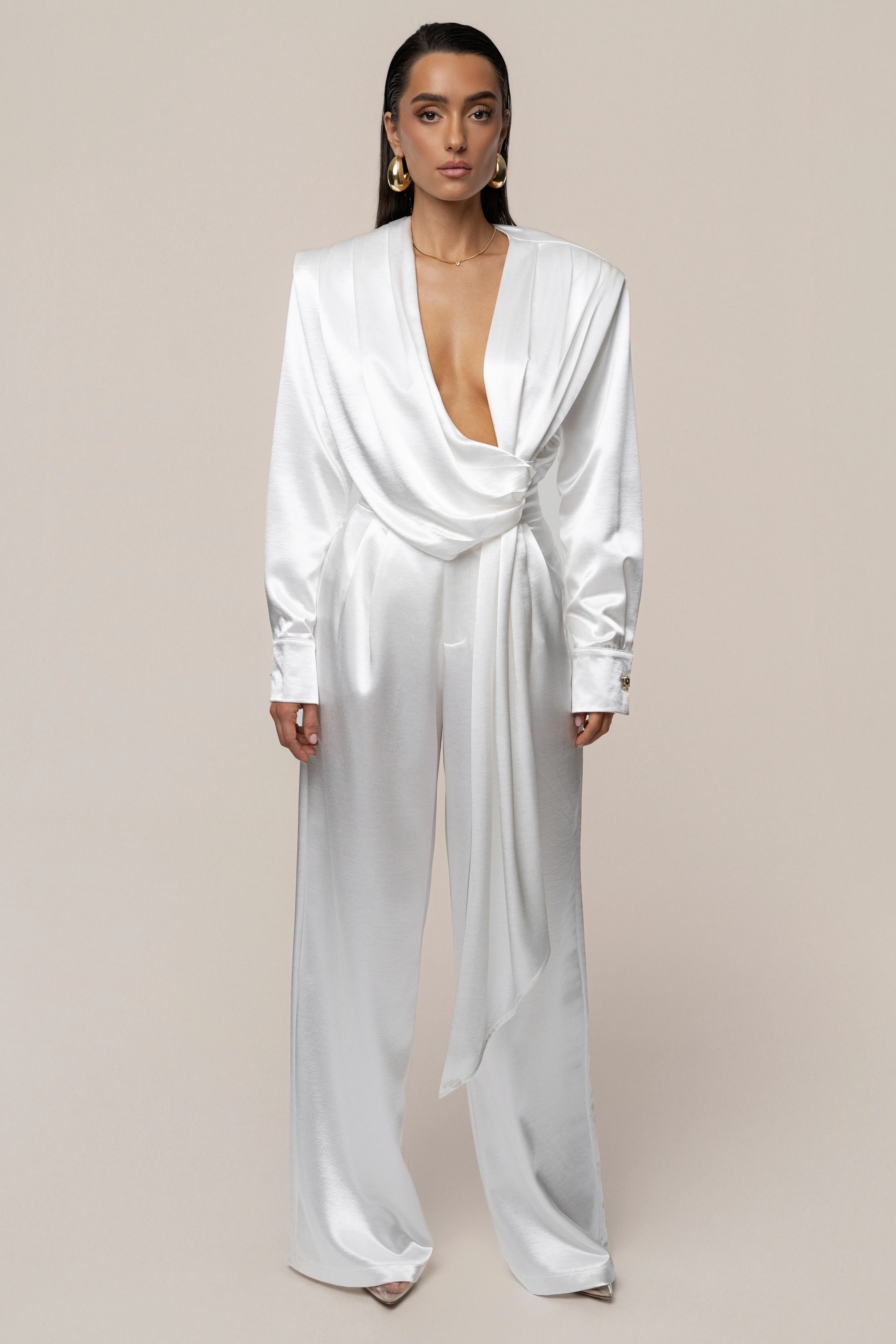 White Statement Draped Satin Top - Image 7