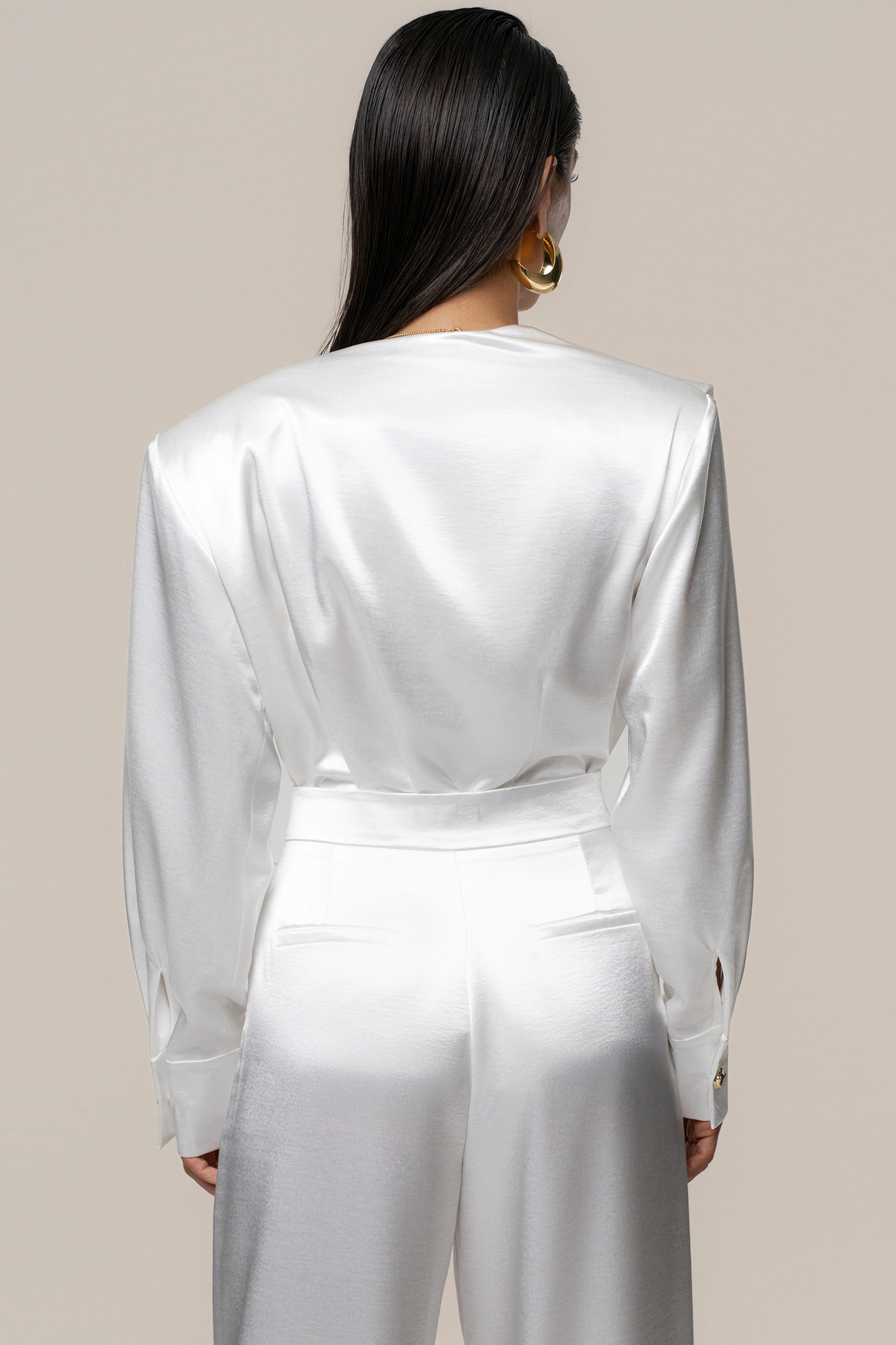 White Statement Draped Satin Top - Image 9