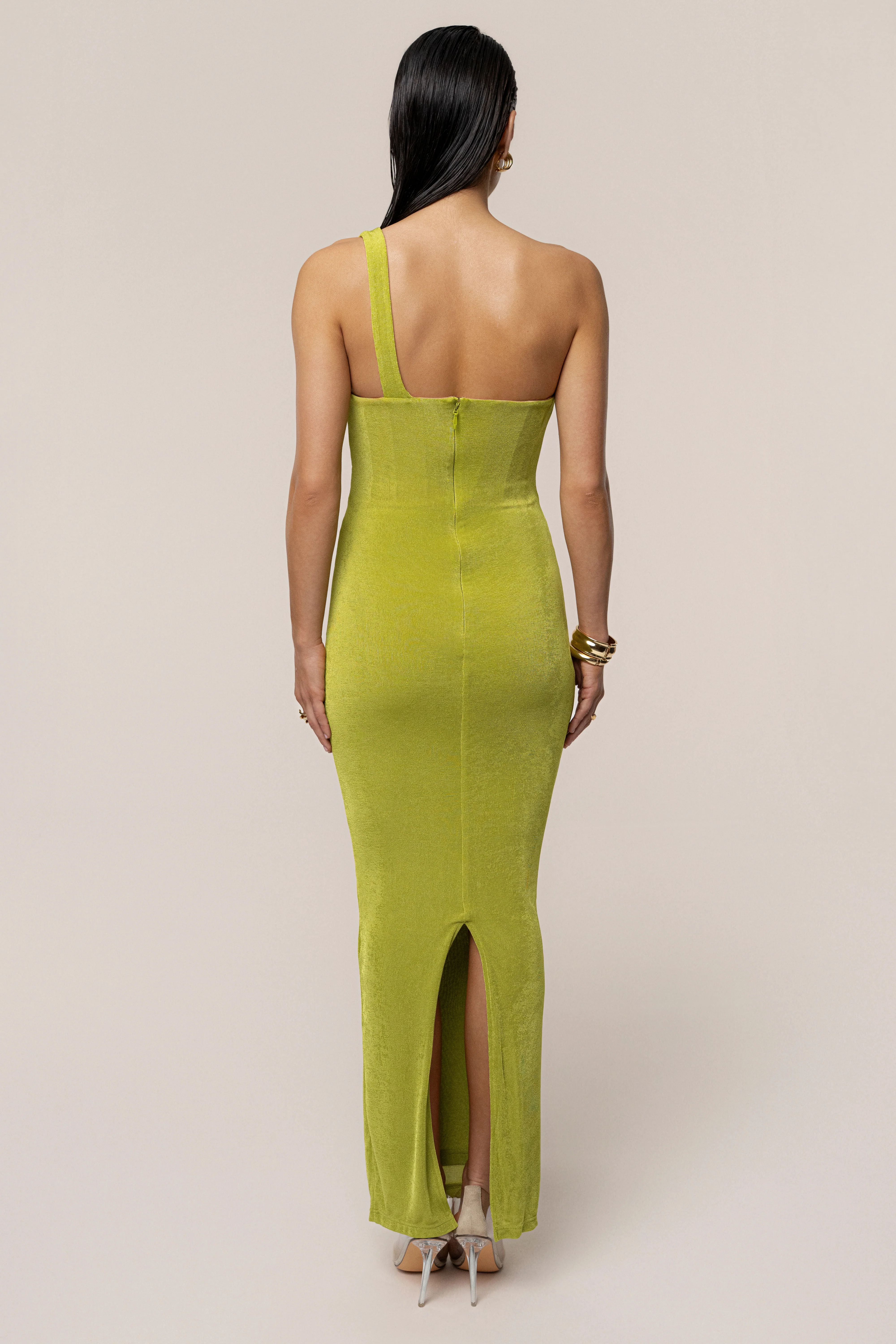 Lime Green Slinky Krishna One Shoulder Maxi Dress - Image 11